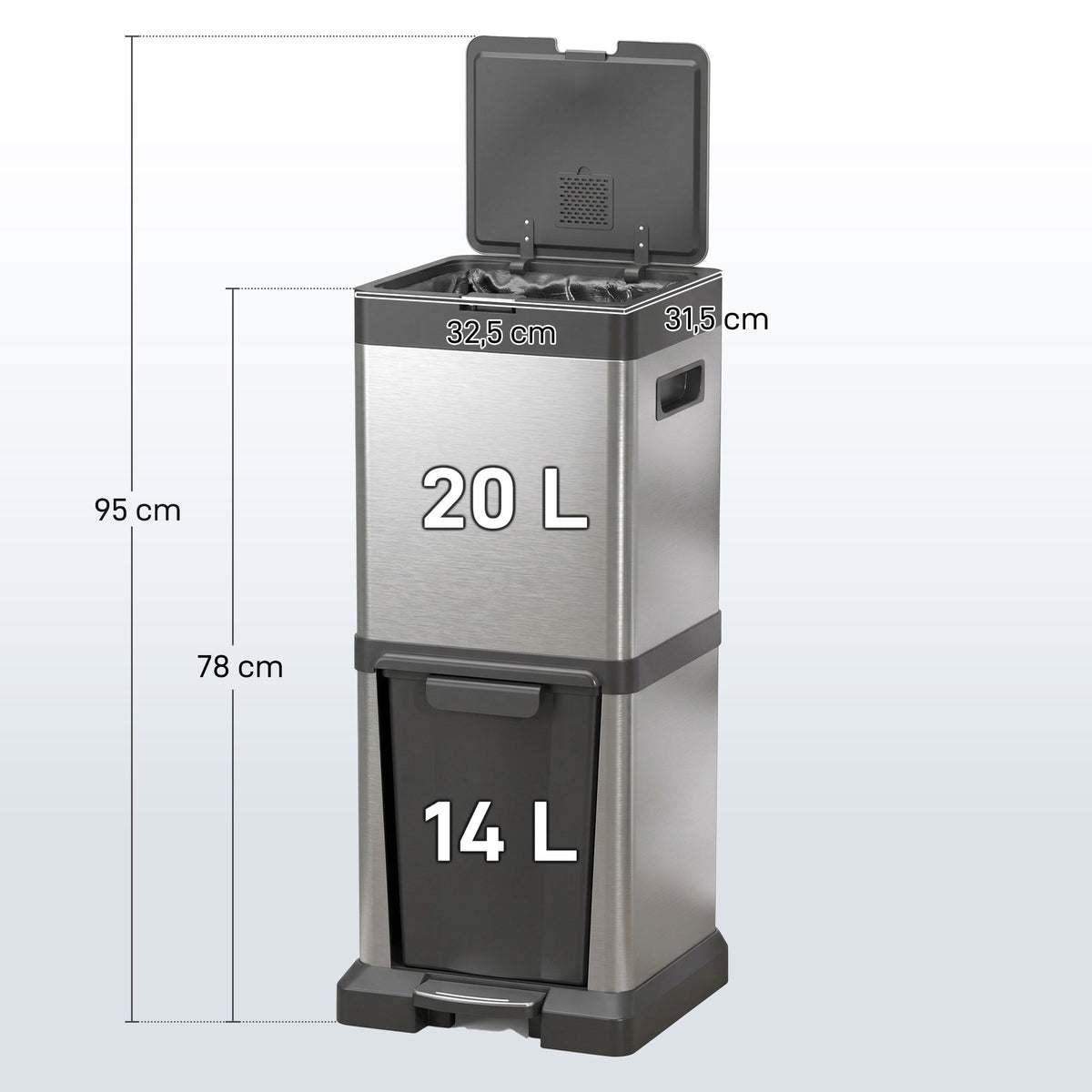 Dual Compartment Trash Can, Stainless Steel, 34L Total Capacity