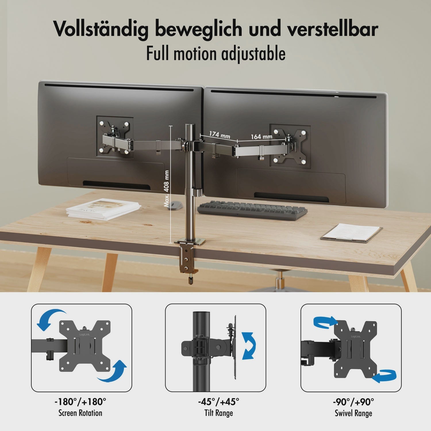 Dual Monitor Mount 17-32" Adjustable Arms, Black