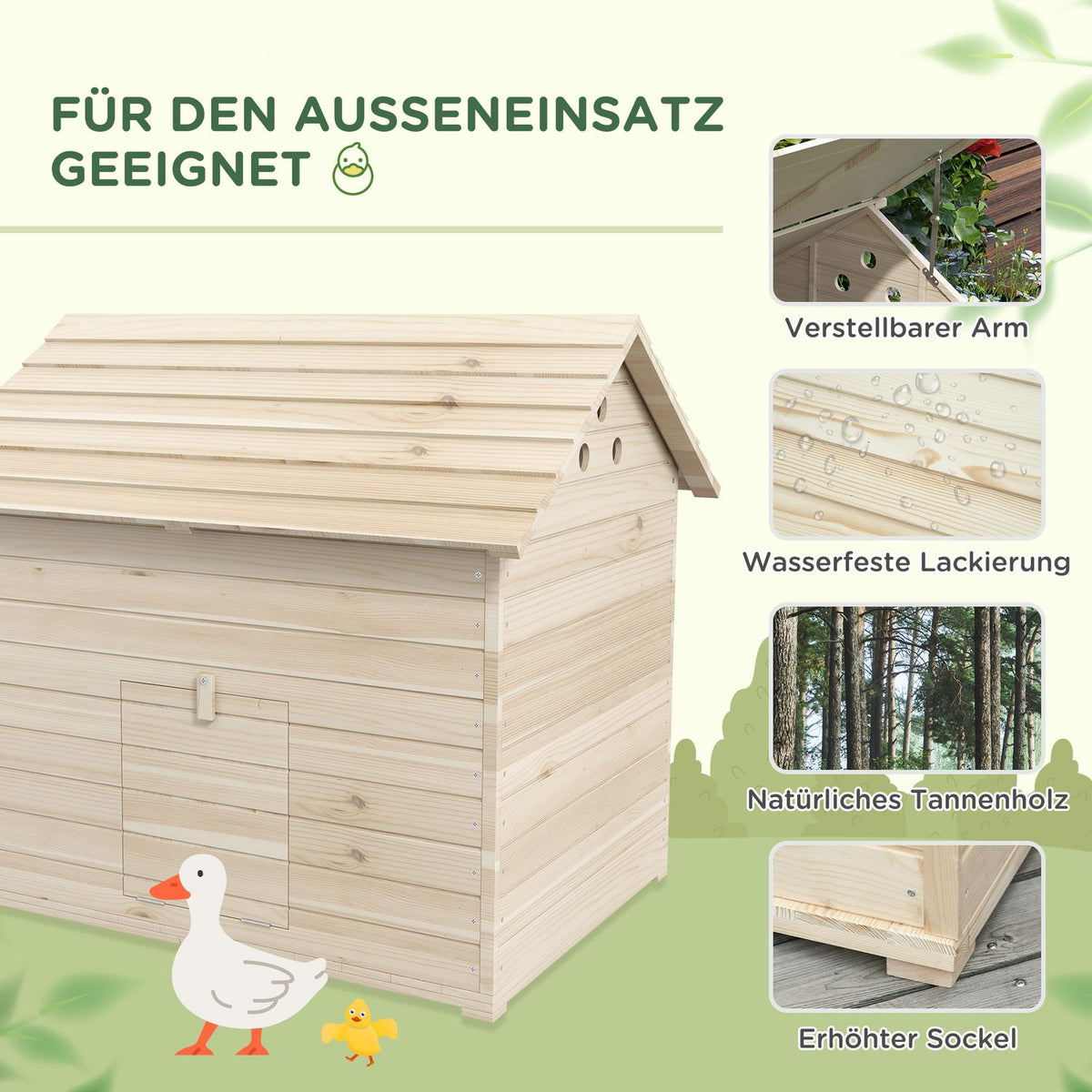 Duck house with hinged tilting roof, poultry house with raised floor and ramp on the front door, duck coop made of fir wood, 100 x 82.5 x 91 cm
