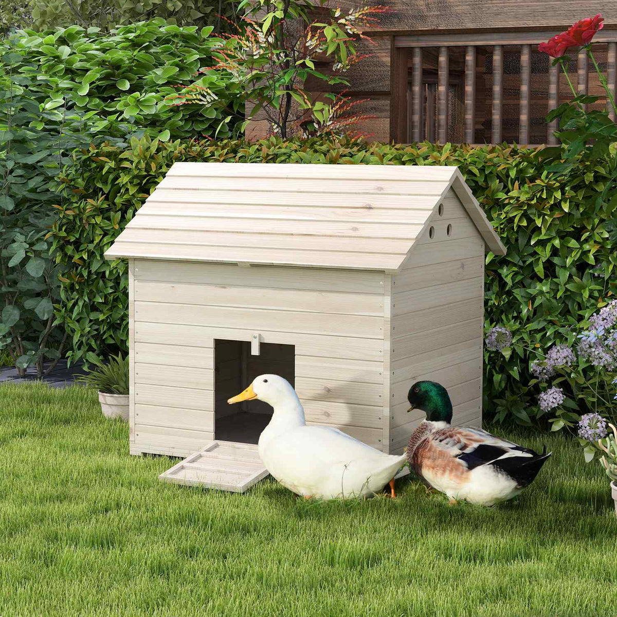 Duck house with hinged tilting roof, poultry house with raised floor and ramp on the front door, duck coop made of fir wood, 100 x 82.5 x 91 cm