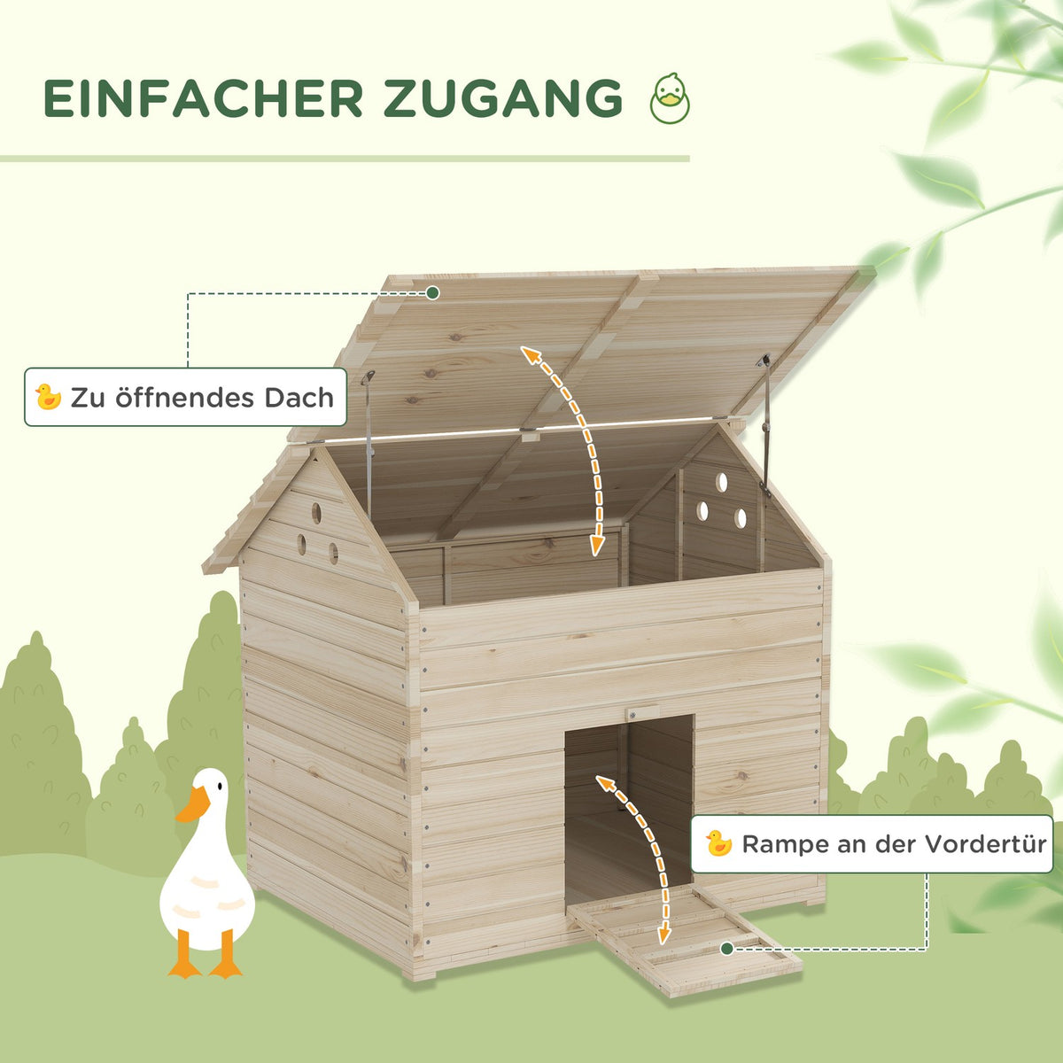 Duck house with hinged tilting roof, poultry house with raised floor and ramp on the front door, duck coop made of fir wood, 100 x 82.5 x 91 cm