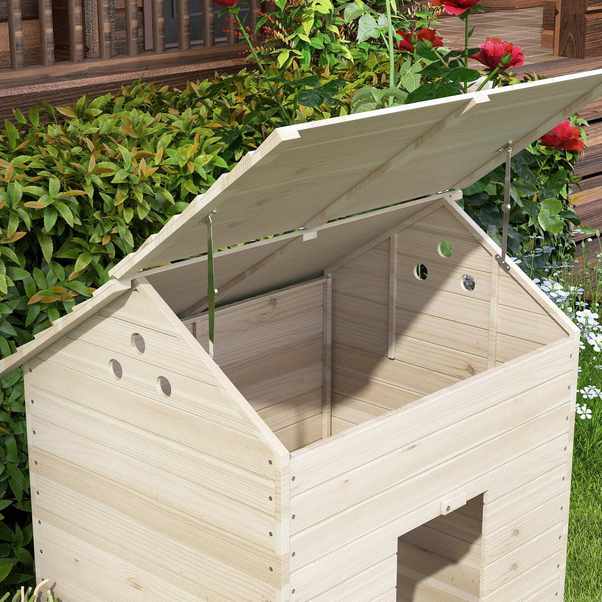 Duck house with hinged tilting roof, poultry house with raised floor and ramp on the front door, duck coop made of fir wood, 100 x 82.5 x 91 cm