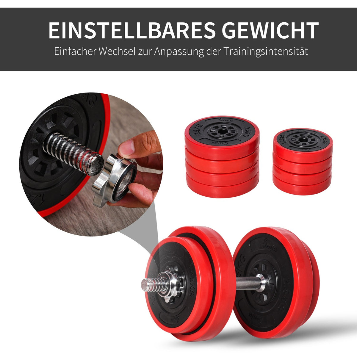Dumbbell Set 20Kgs 2-In-1 Dumbbells & Barbells, Adjustable, Red+Black, 21.5X21.5X3.8Cm, For Home Fitness & Muscle Training