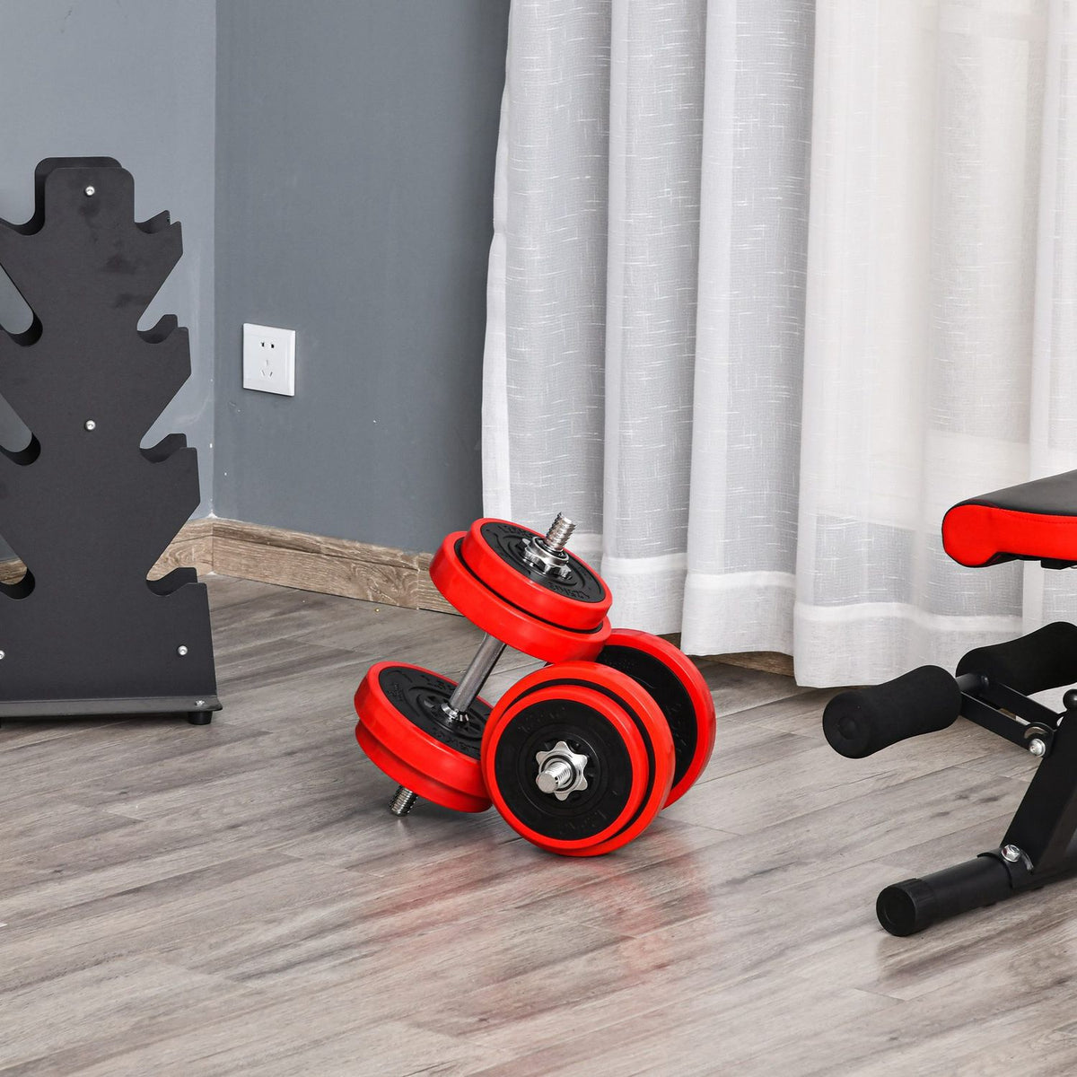 Dumbbell Set 20Kgs 2-In-1 Dumbbells & Barbells, Adjustable, Red+Black, 21.5X21.5X3.8Cm, For Home Fitness & Muscle Training