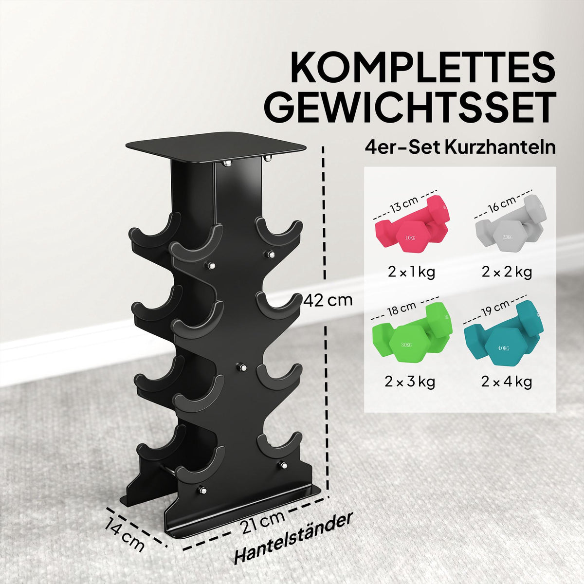 Dumbbell Set with Stand, 8 Weights, Non-Slip Grip