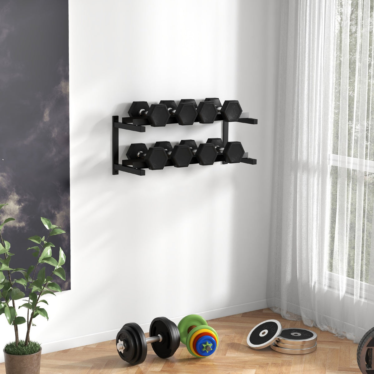 Dumbbell Stand Wall Mount Dumbbell Stand With 2 Shelves, Up To 70 Kg, For Weight Holder & Kettlebell
