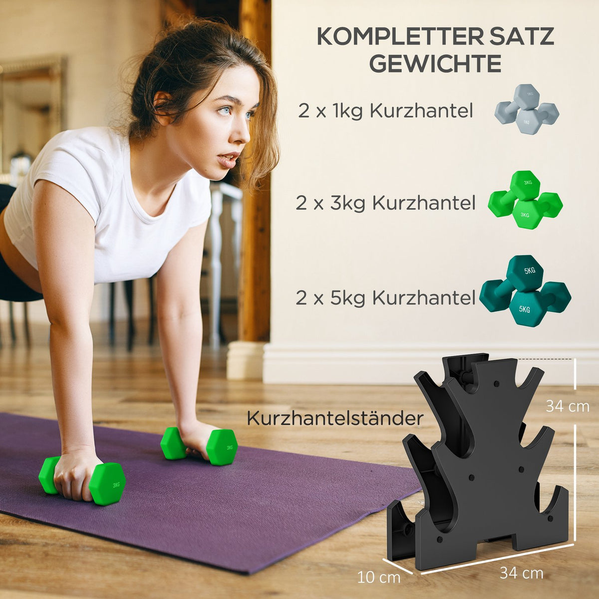 Dumbbell set 6 dumbbells with dumbbell stand, 2 x 1kg, 2 x 3kg, 2 x 5kg metal dumbbell set for fitness, gymnastics, home