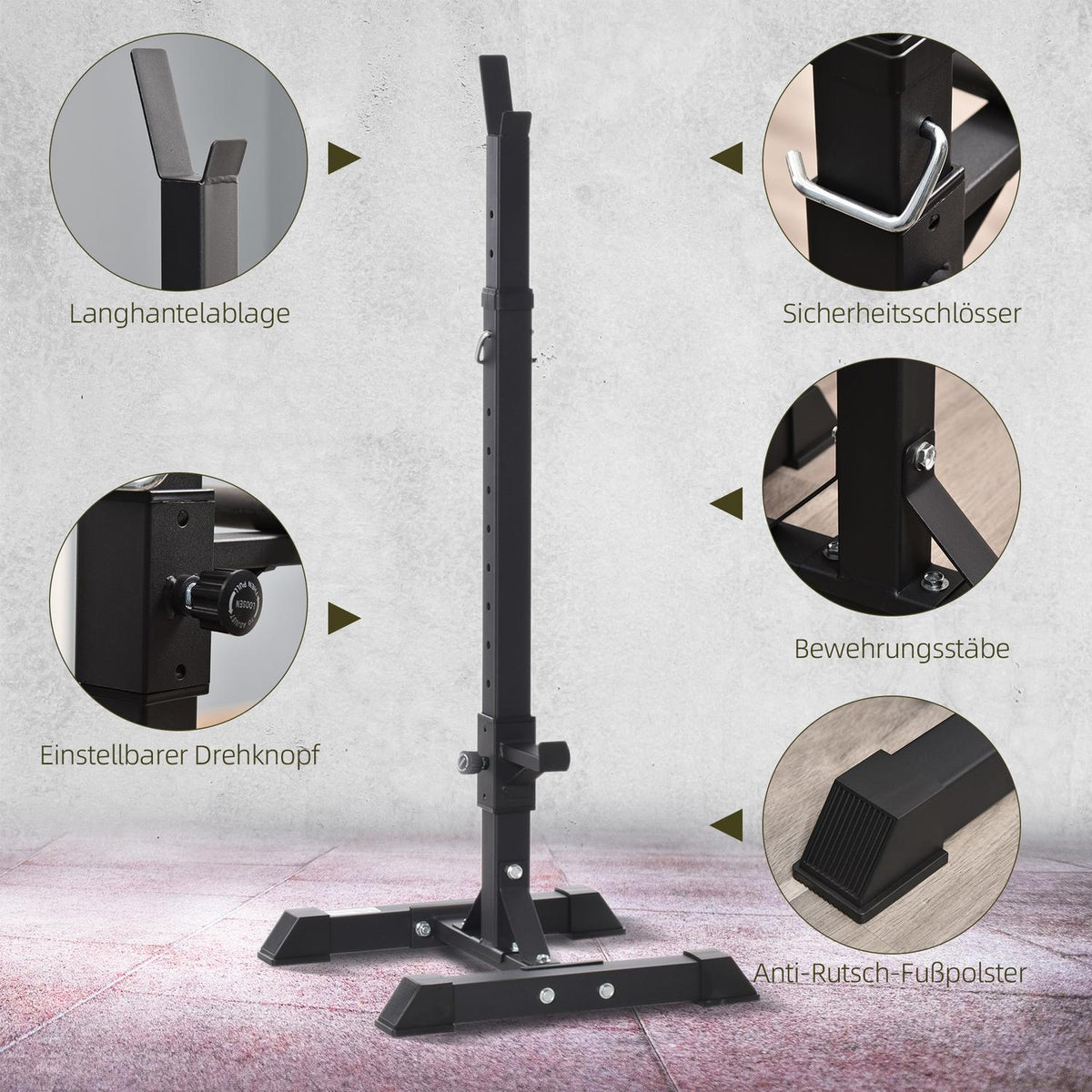 Dumbbell stand, set of 2, barbell rack, height-adjustable dumbbell rack, barbell with rubber foot caps, 105-160 cm, strength training, up to 150 kg, steel