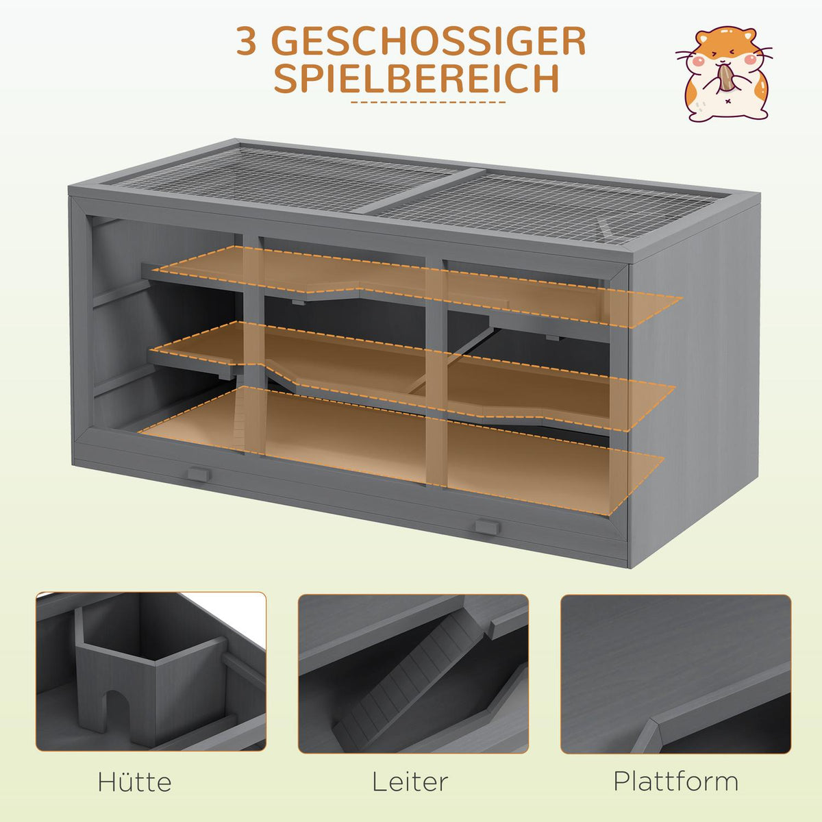 Dwarf Hamster Cage Rodent Cage Small Animal Hut Made of Wood Mouse Cage with Stairs Small Animal Cage Rodent Villa Three Levels Gray 115 x 57 x 55 cm |