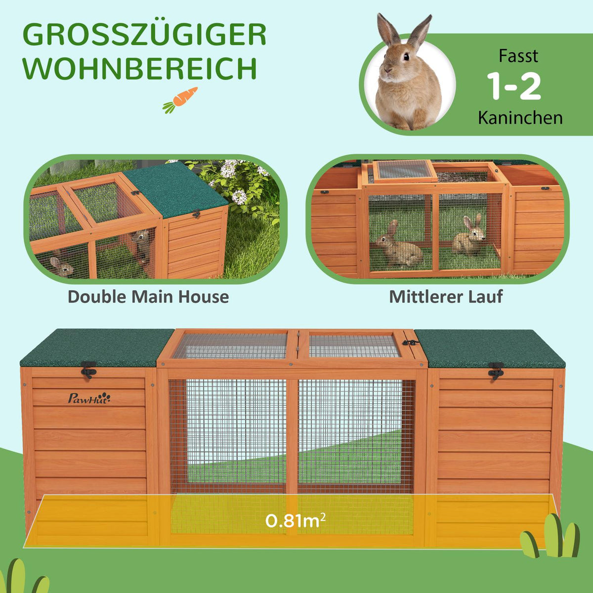 Dwarf Rabbit Hutch Wooden Small Animal House With 2 Hutches & Run, Weatherproof, For Outdoor & Indoor, 140X60X50Cm, Orange