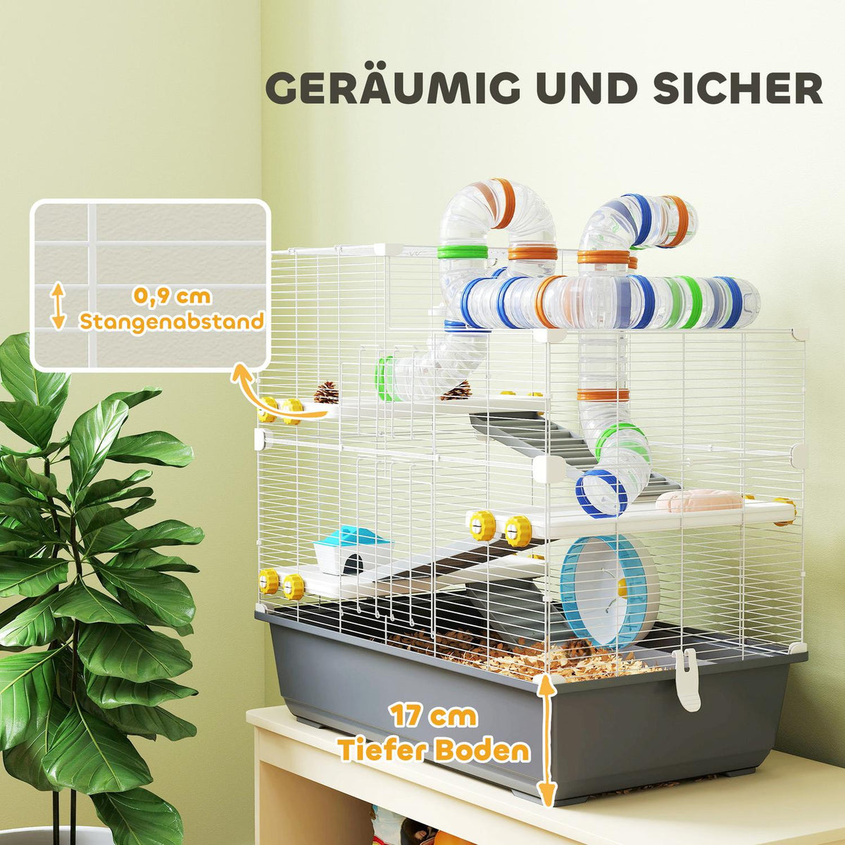 Dwarf hamster cage, 4 levels, tunnel system, hut, accessories, top opening, 78 x 45 x 73 cm, grey