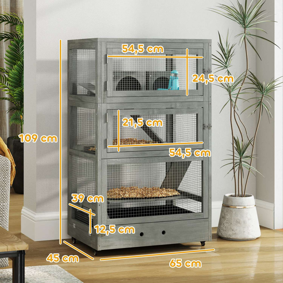 Dwarf hamster cage made of wood, 65 x 45 x 109 cm rodent cage with huts, rocker, pallet, food bowls, 4-tier small animal cage with lock, ramps, wheels, gray
