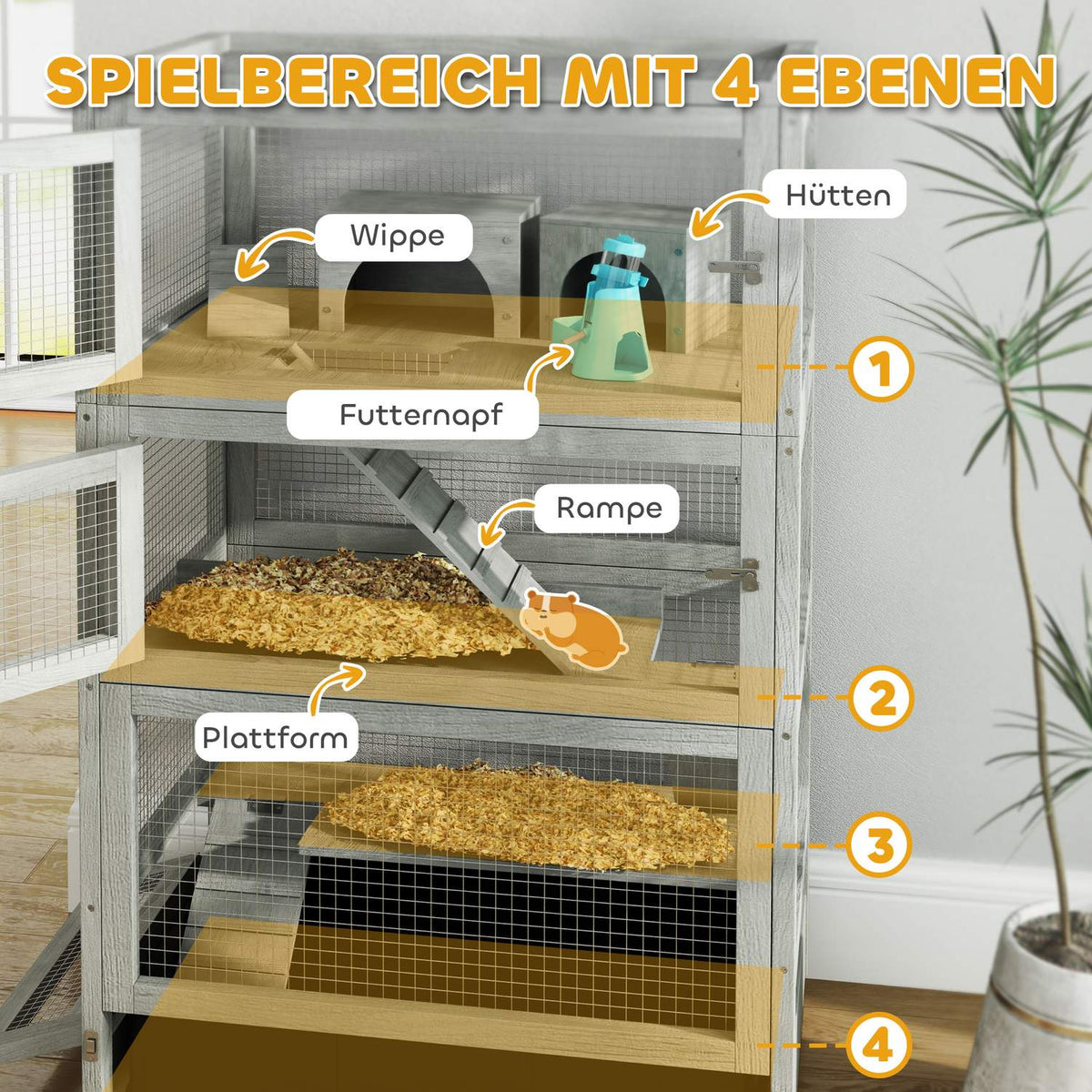 Dwarf hamster cage made of wood, 65 x 45 x 109 cm rodent cage with huts, rocker, pallet, food bowls, 4-tier small animal cage with lock, ramps, wheels, gray
