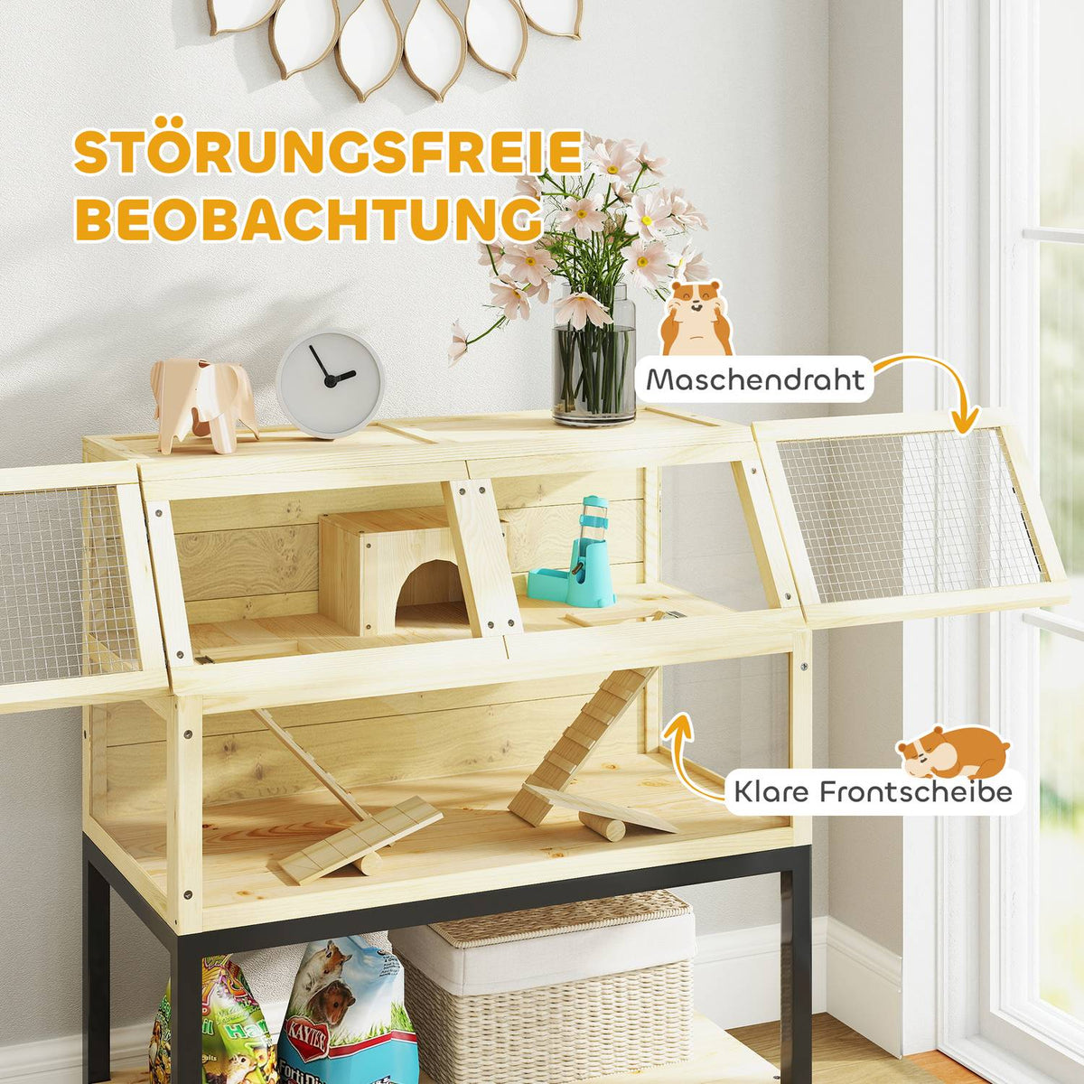 Dwarf hamster cage made of wood, 87 x 43 x 101 cm rodent cage with shelf, water bottle, hut, seesaw, small animal cage with wheels, ramps, natural wood