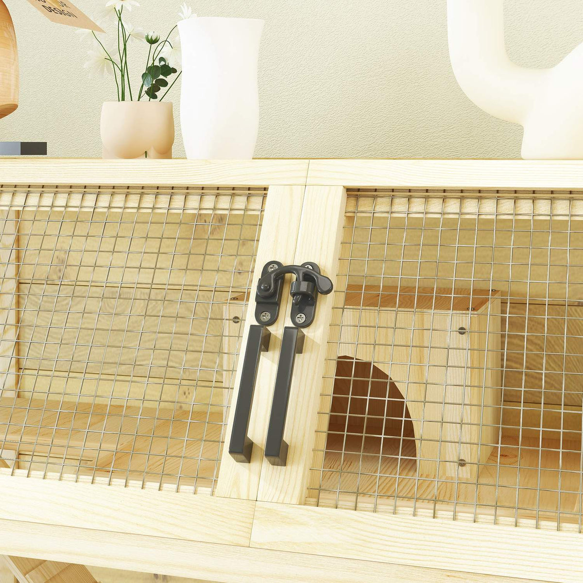Dwarf hamster cage made of wood, 87 x 43 x 101 cm rodent cage with shelf, water bottle, hut, seesaw, small animal cage with wheels, ramps, natural wood
