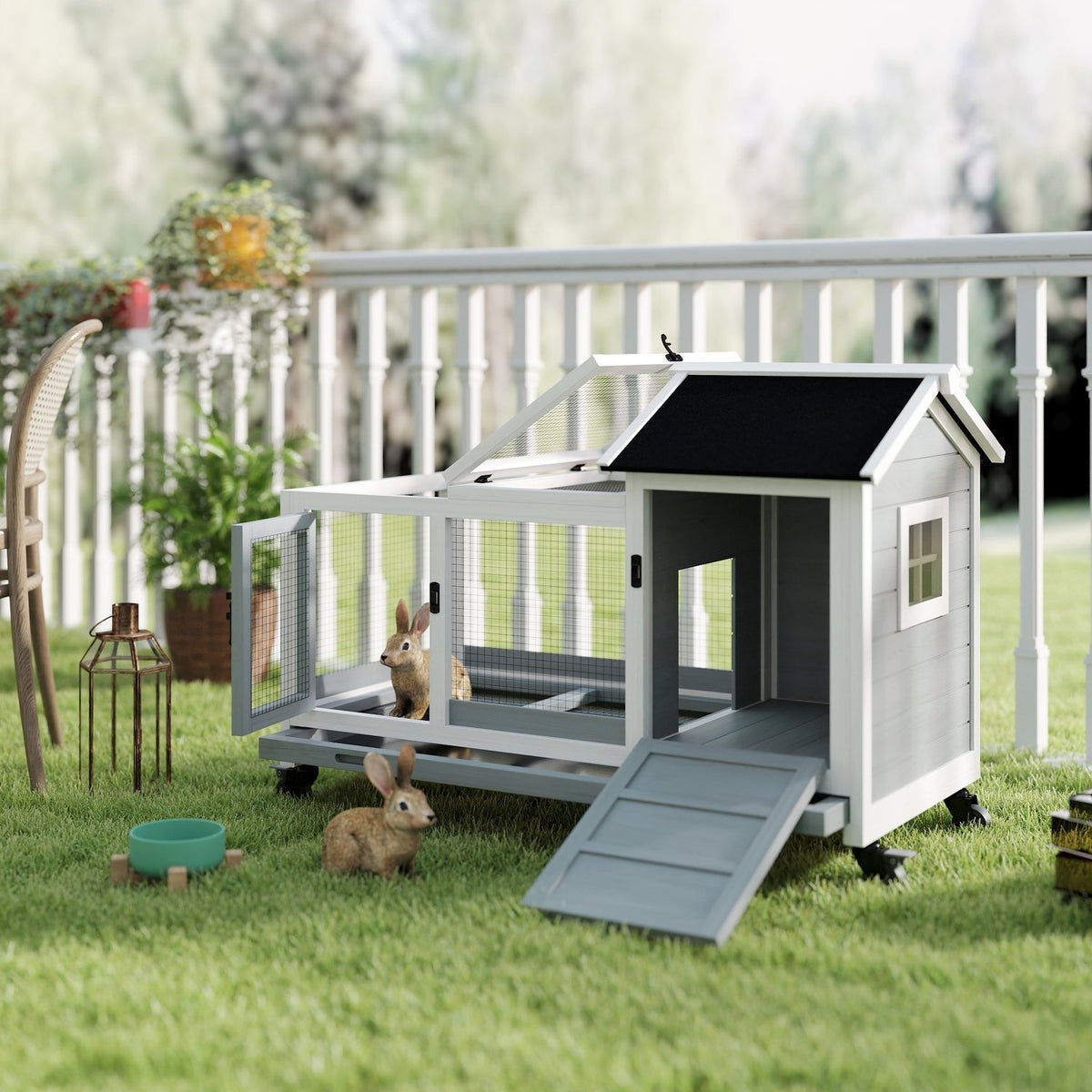 Dwarf rabbit hutch made of wood, 108 x 58 x 73.5 cm small animal hutch with free-range enclosure, wheels, folding roof, dwarf rabbit cage with extendable tray for indoor, outdoor, gray |