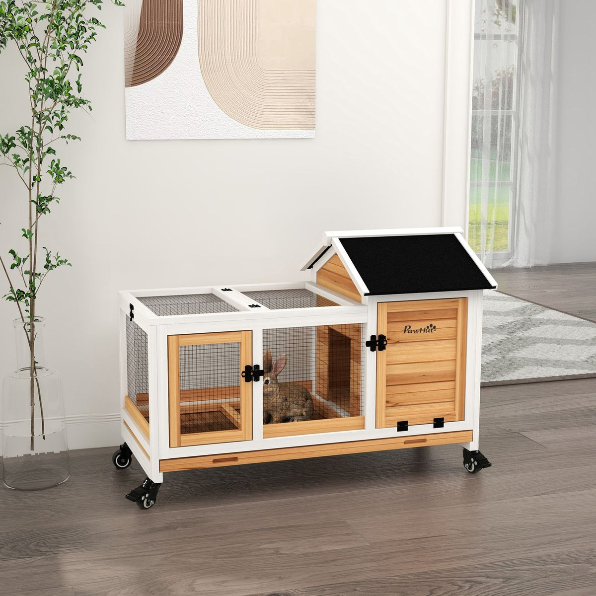 Dwarf rabbit hutch made of wood, 108 x 58 x 73.5 cm small animal hutch with free-range enclosure, wheels, folding roof, dwarf rabbit cage with pull-out tray for indoor, outdoor, yellow