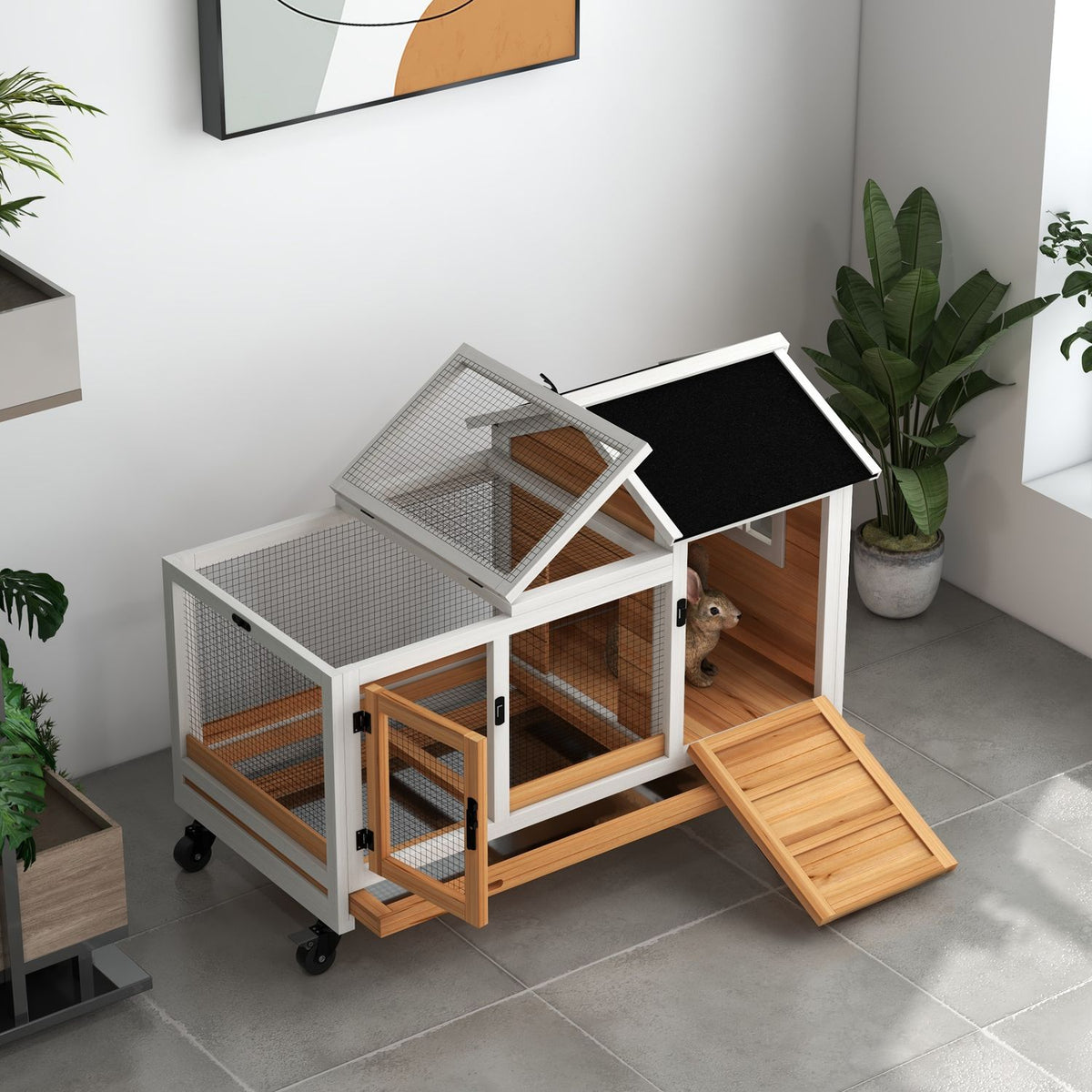 Dwarf rabbit hutch made of wood, 108 x 58 x 73.5 cm small animal hutch with free-range enclosure, wheels, folding roof, dwarf rabbit cage with pull-out tray for indoor, outdoor, yellow