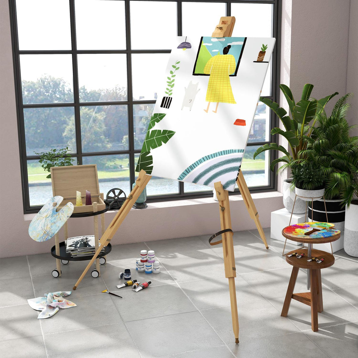 Easel Folding Field Easel, Tripod Easel, Height Adjustable, Portable Studio Easel Made Of Beech Wood For Canvases Up To 107 Cm High