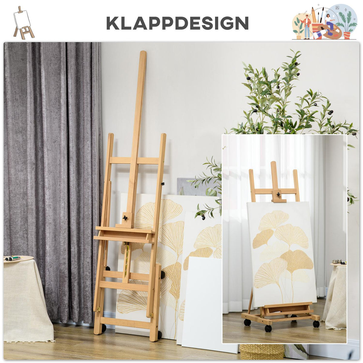 Easel Standing Easel Made Of Beech Wood, Foldable With Wheels, Height-Adjustable Canvas Stand