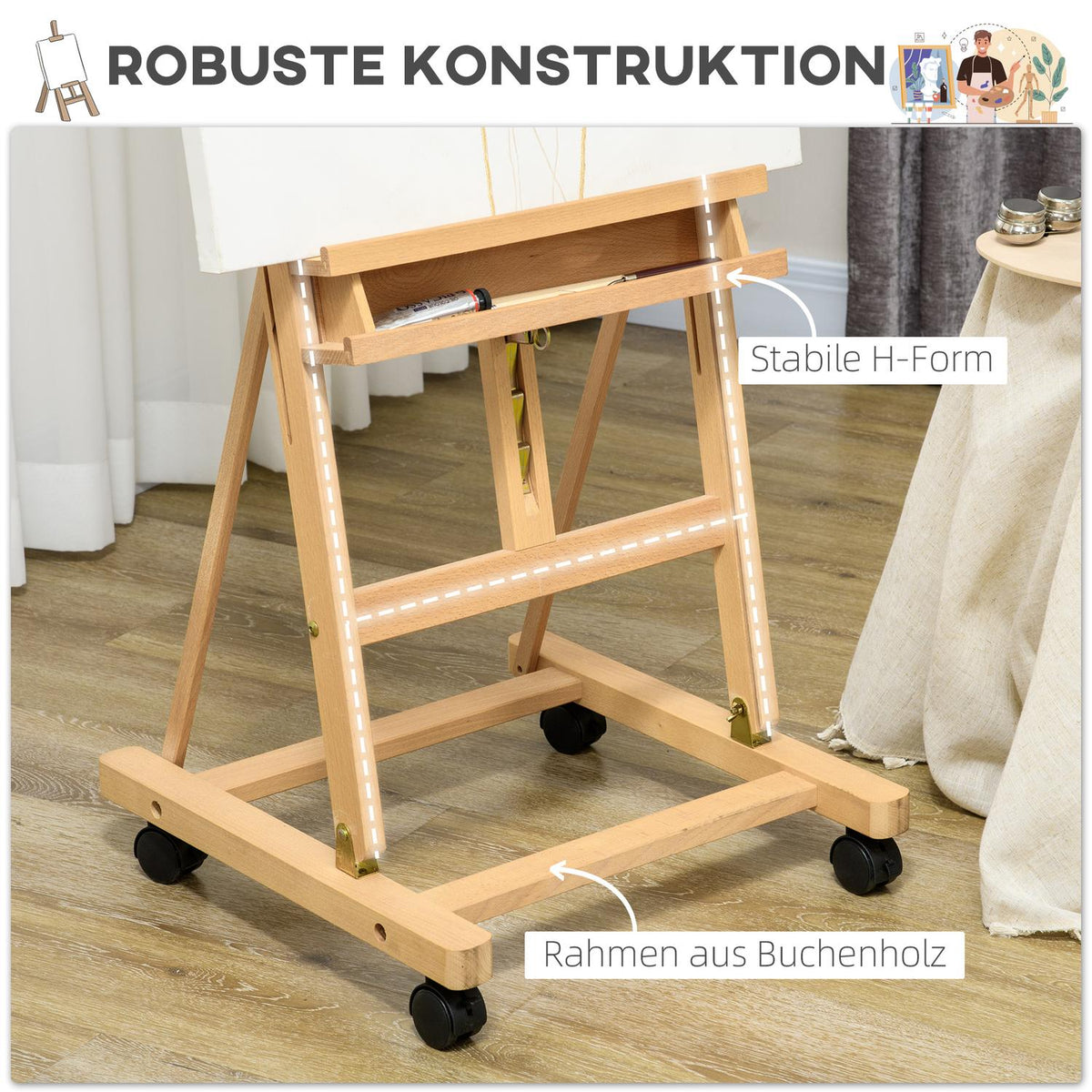 Easel Standing Easel Made Of Beech Wood, Foldable With Wheels, Height-Adjustable Canvas Stand