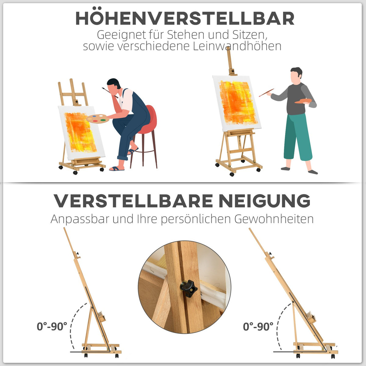 Easel Standing Easel Made Of Beech Wood, Foldable With Wheels, Height-Adjustable Canvas Stand