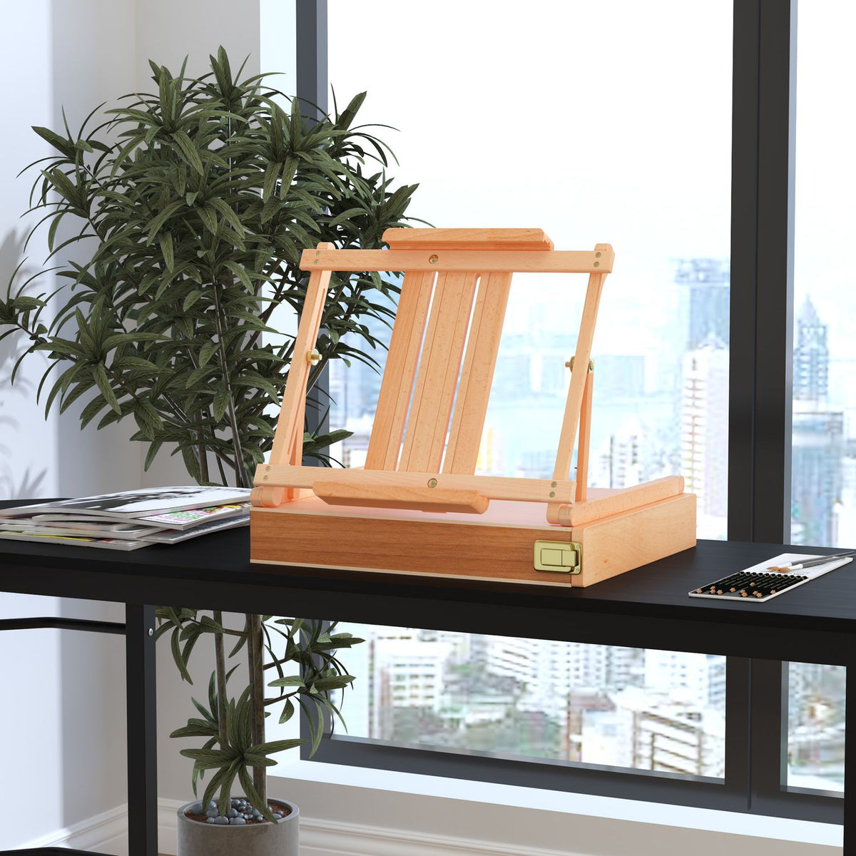 Easel Studio Easel Made Of Beech Wood, Angle Adjustable, Foldable With Drawer, Natural, 42X36X12.5Cm