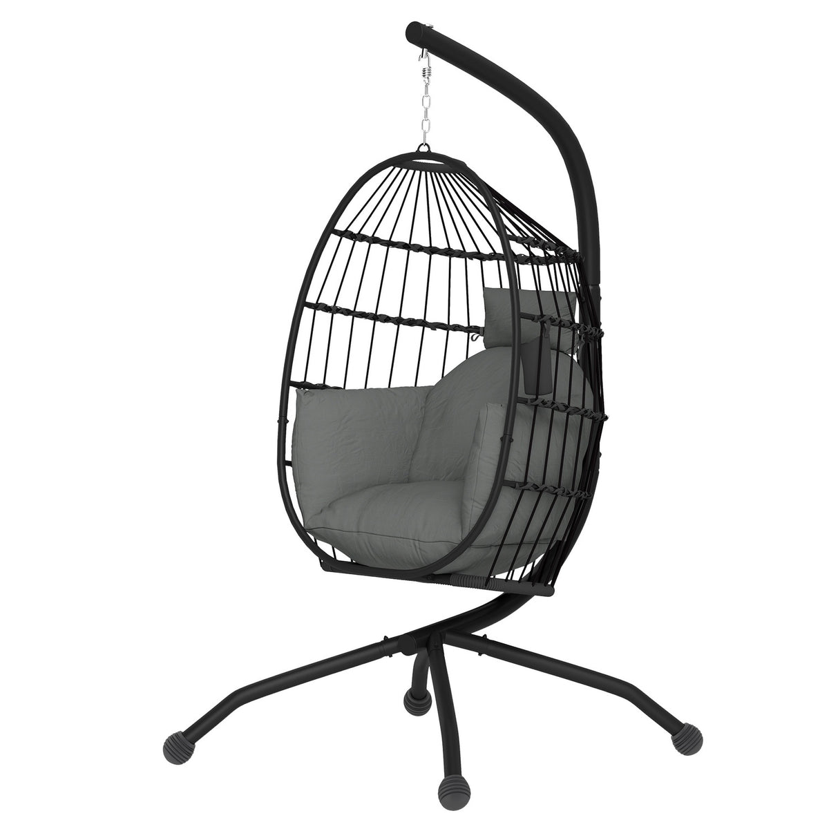 Egg Shaped Outdoor Hanging Chair, Foldable Hanging Swing with Cup Holder, Removable Washable Seat, Frame, Hammock for 1 Person, Swing Chair for Patio, Garden, Black