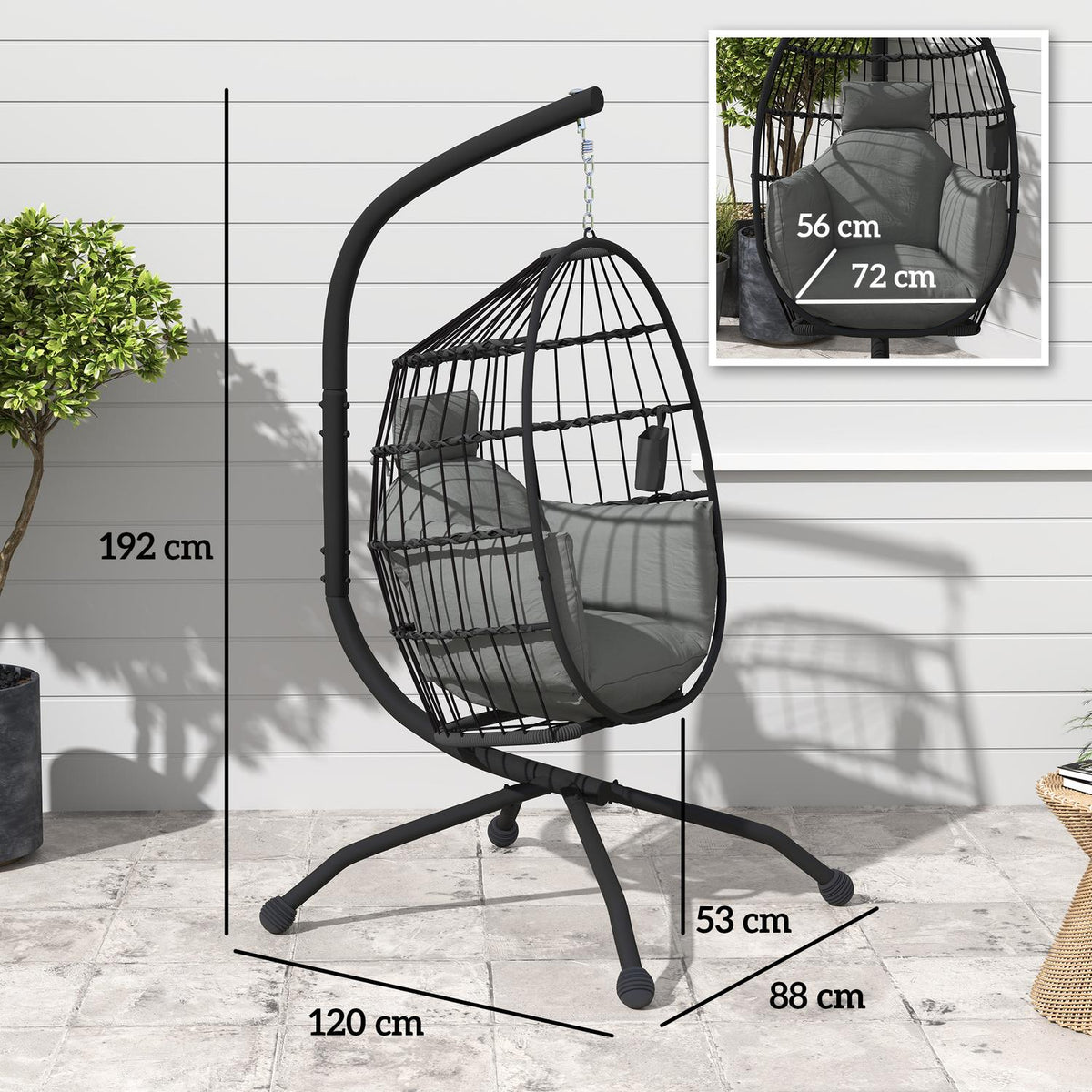 Egg Shaped Outdoor Hanging Chair, Foldable Hanging Swing with Cup Holder, Removable Washable Seat, Frame, Hammock for 1 Person, Swing Chair for Patio, Garden, Black