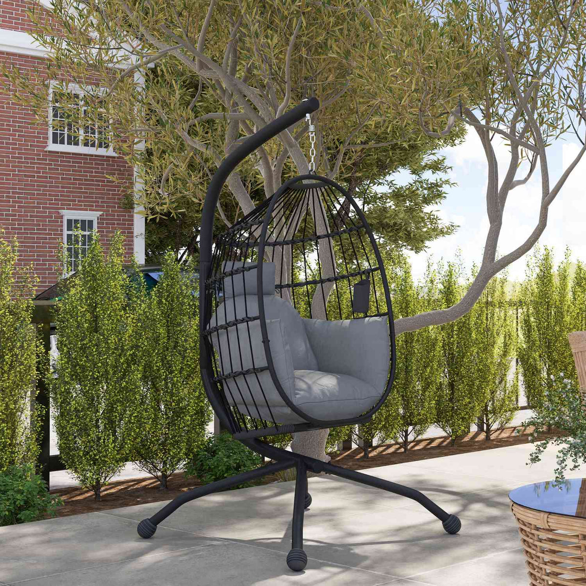 Egg Shaped Outdoor Hanging Chair, Foldable Hanging Swing with Cup Holder, Removable Washable Seat, Frame, Hammock for 1 Person, Swing Chair for Patio, Garden, Black
