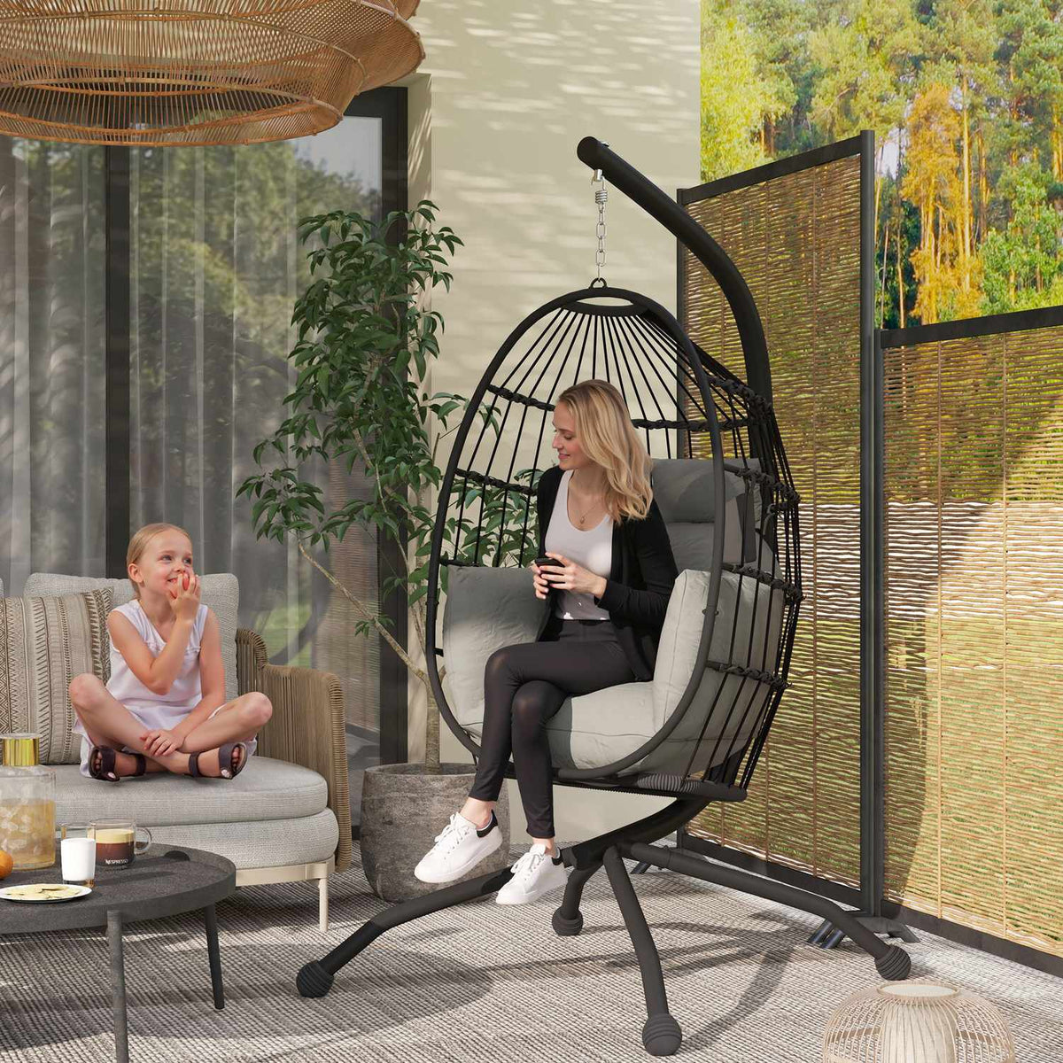 Egg Shaped Outdoor Hanging Chair, Foldable Hanging Swing with Cup Holder, Removable Washable Seat, Frame, Hammock for 1 Person, Swing Chair for Patio, Garden, Black