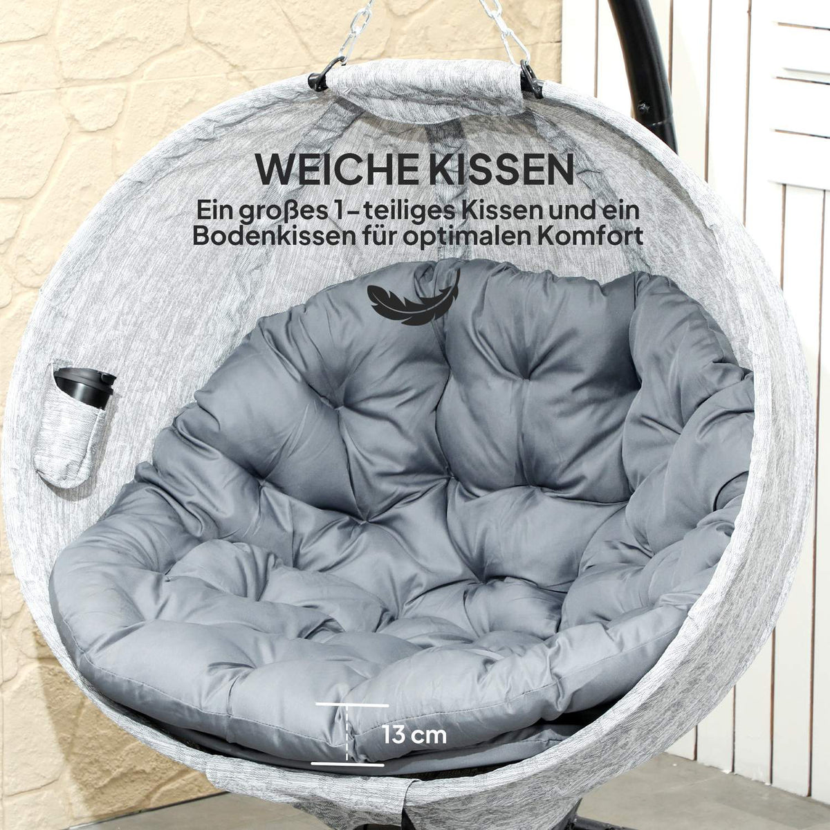 Egg Shaped Outdoor Hanging Chair, Foldable Hanging Swing with Cup Holder, Removable Washable Seat, Frame, Hammock for 1 Person, Swing Chair for Patio, Garden, Gray