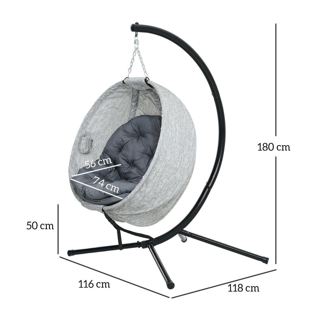 Egg Shaped Outdoor Hanging Chair, Foldable Hanging Swing with Cup Holder, Removable Washable Seat, Frame, Hammock for 1 Person, Swing Chair for Patio, Garden, Gray