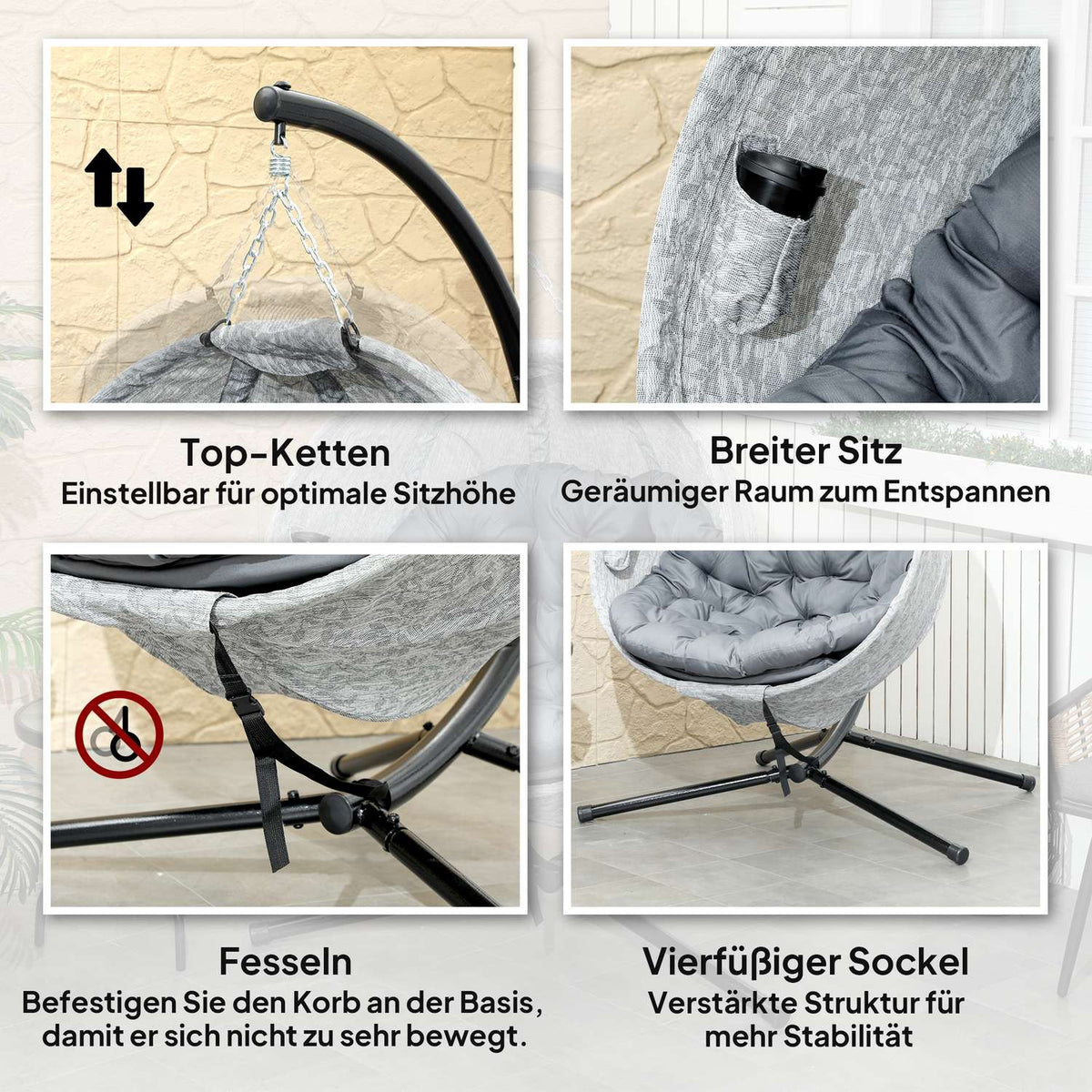 Egg Shaped Outdoor Hanging Chair, Foldable Hanging Swing with Cup Holder, Removable Washable Seat, Frame, Hammock for 1 Person, Swing Chair for Patio, Garden, Gray