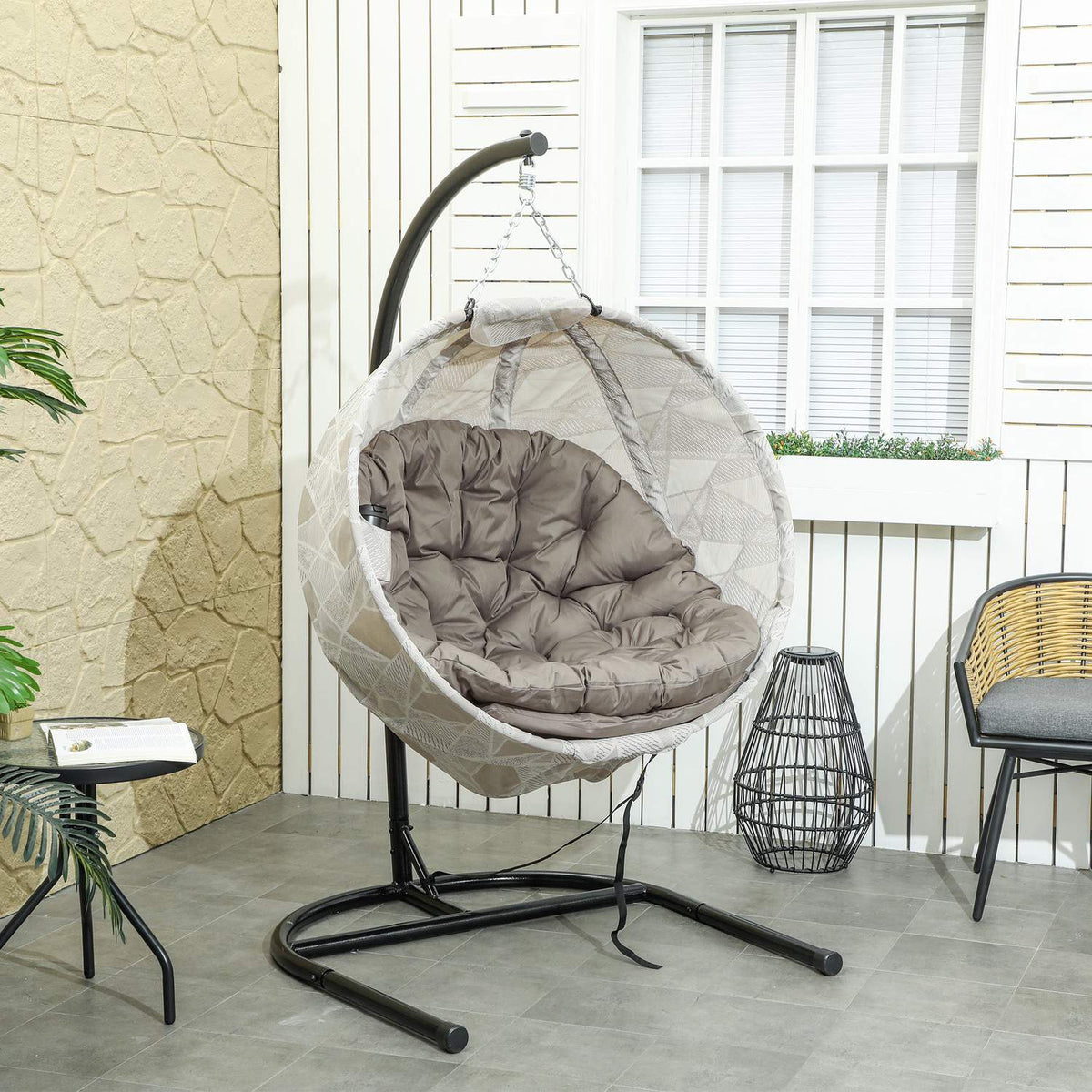 Egg Shaped Outdoor Hanging Chair, Foldable Hanging Swing with Cup Holder, Removable Washable Seat, U Frame, Hammock for 1 Person, Swing Chair for Patio, Garden, Sand