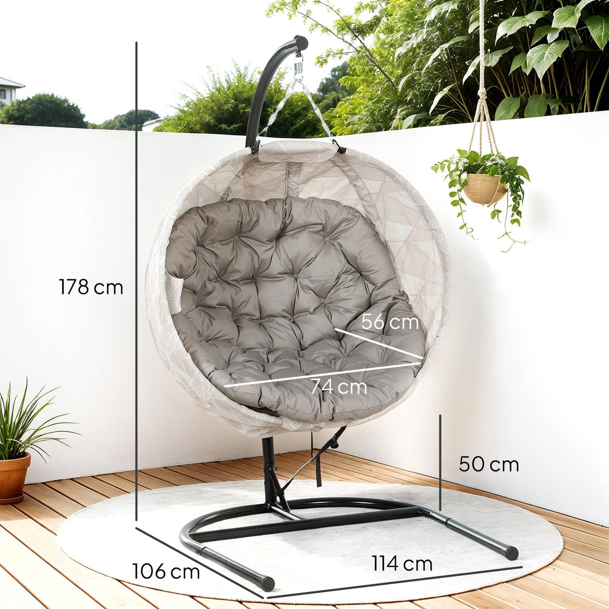 Egg Shaped Outdoor Hanging Chair, Foldable Hanging Swing with Cup Holder, Removable Washable Seat, U Frame, Hammock for 1 Person, Swing Chair for Patio, Garden, Sand