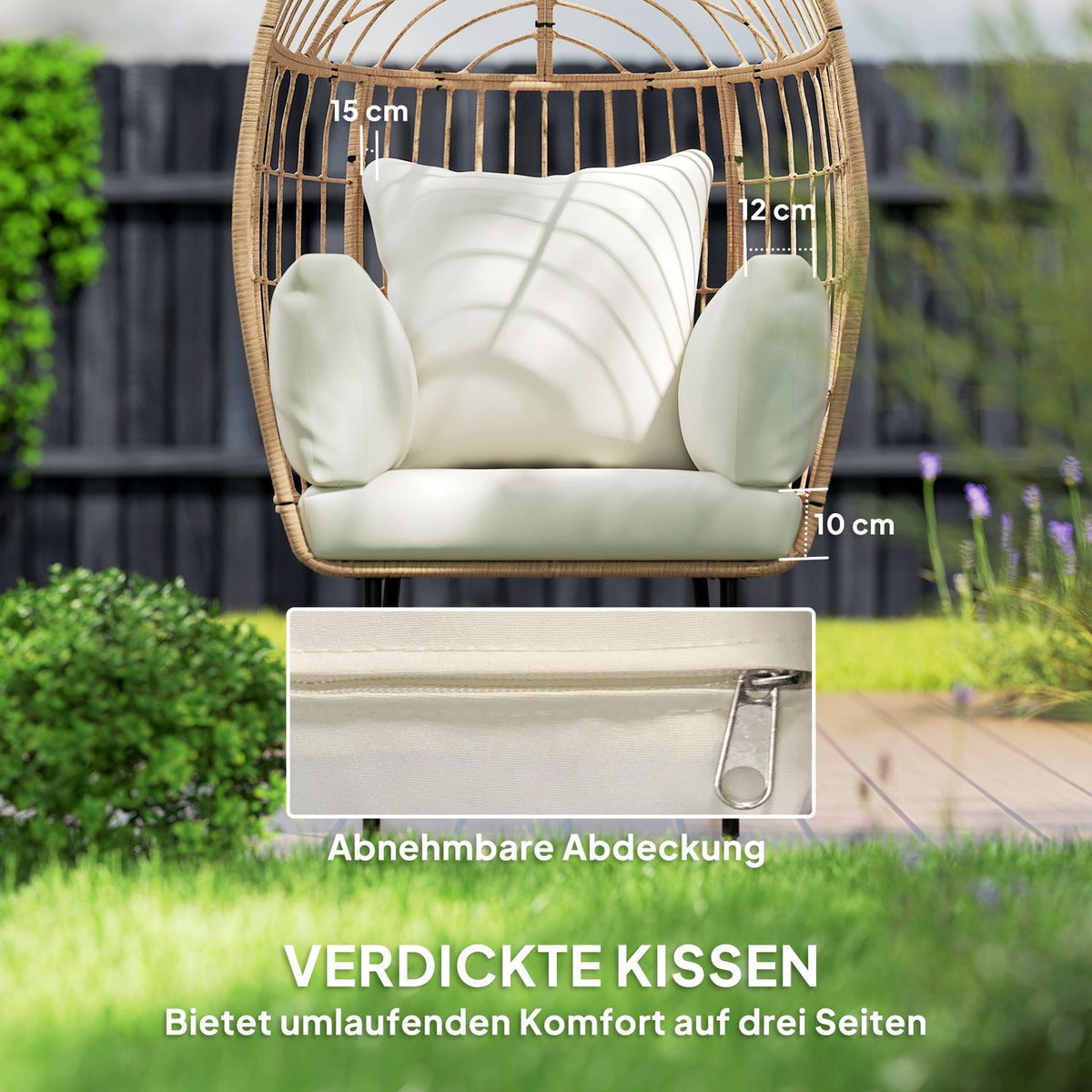 Egg-Shaped Rattan Chair with Removable Cushion, Upholstery, Oversized Outdoor Chair Made of Rattan, Weatherproof Wicker Chair Garden Chair Garden Chairs for Garden Balcony, Porch, Terrace Beige |