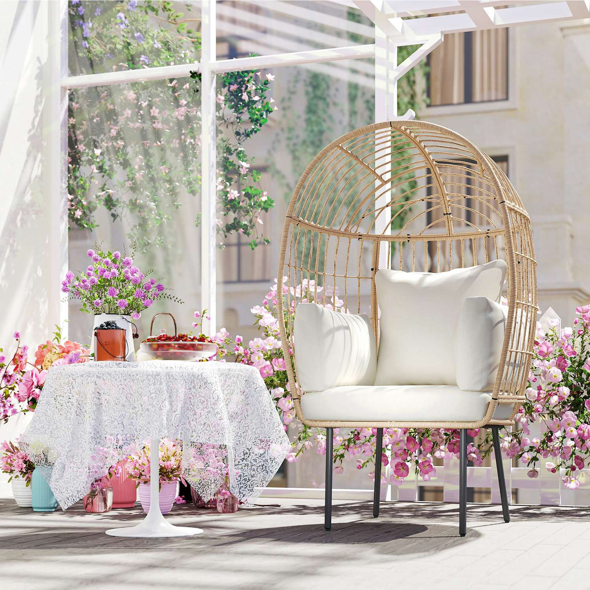 Egg-Shaped Rattan Chair with Removable Cushion, Upholstery, Oversized Outdoor Chair Made of Rattan, Weatherproof Wicker Chair Garden Chair Garden Chairs for Garden Balcony, Porch, Terrace Beige |