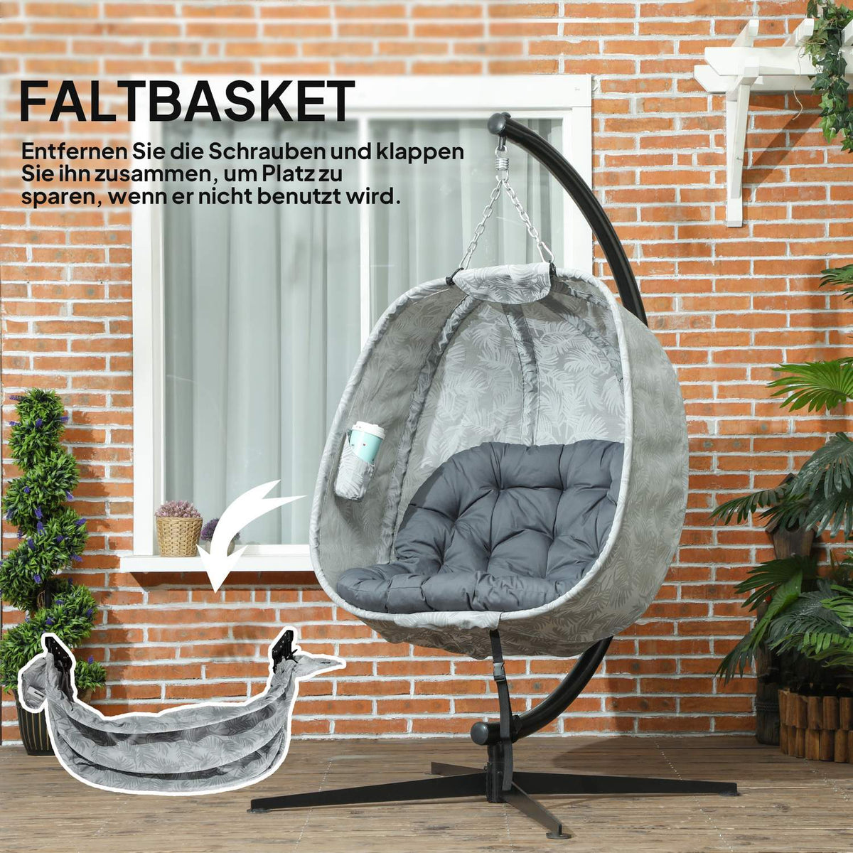 Egg-shaped hanging chair for outdoor use, foldable hanging swing with frame, seat cushions, hammock for 1 person, swing chair indoor outdoor, patio, garden, gray
