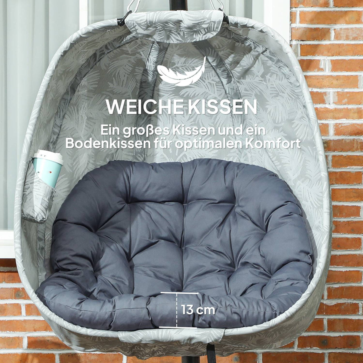 Egg-shaped hanging chair for outdoor use, foldable hanging swing with frame, seat cushions, hammock for 1 person, swing chair indoor outdoor, patio, garden, gray