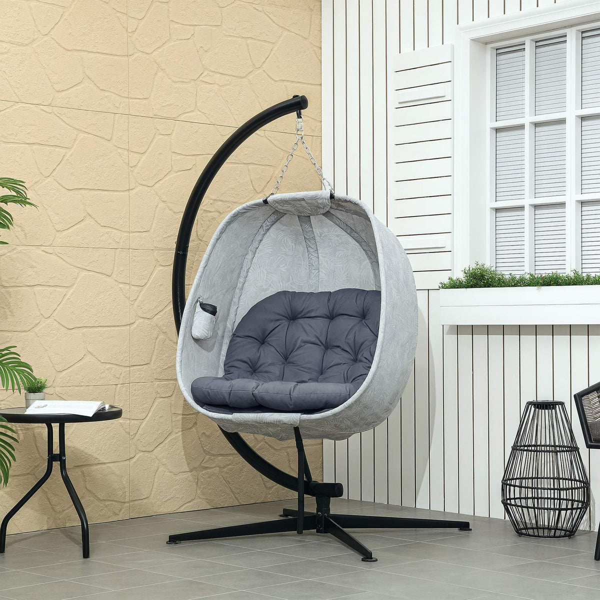 Egg-shaped hanging chair for outdoor use, foldable hanging swing with frame, seat cushions, hammock for 1 person, swing chair indoor outdoor, patio, garden, gray