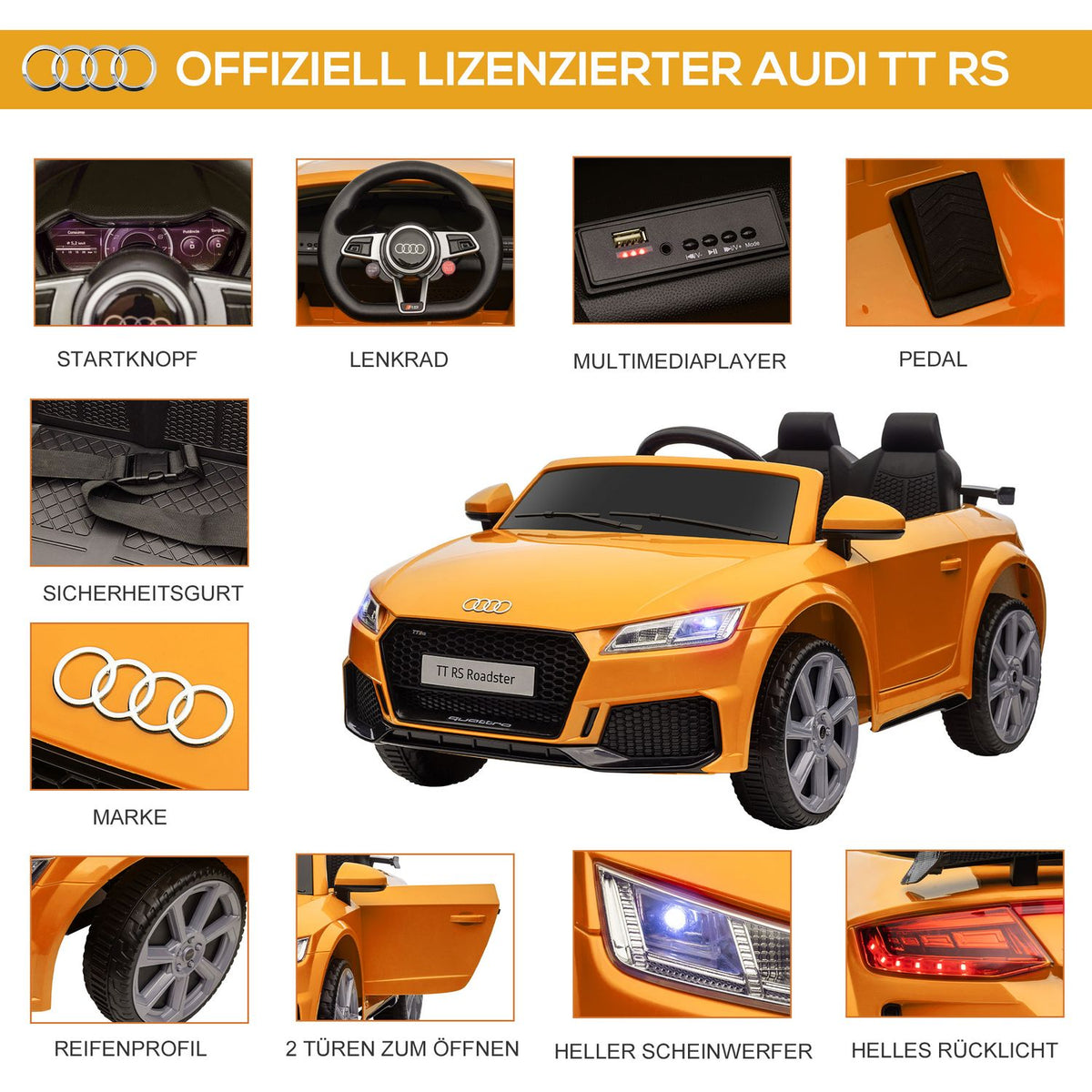 Electric Car Children'S Car Electric Children'S Vehicle With 2.4 G Remote Control, Mp3 Connection, Headlight, Up To 3 Km/H, For 3-5 Years, Yellow