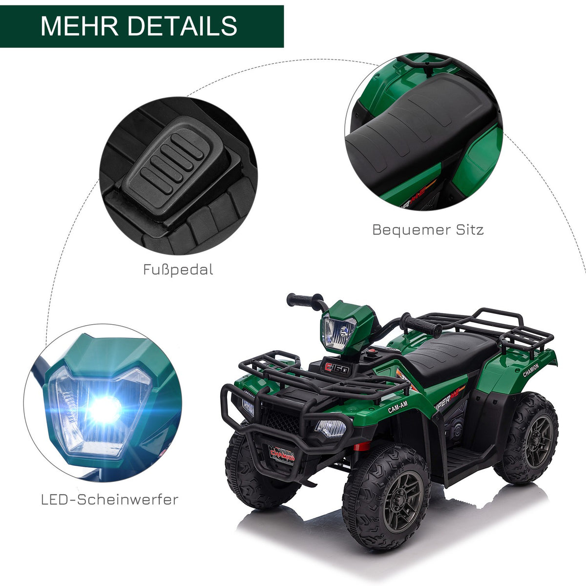 Electric Children'S Quad, Electric Quad With Led And Music, For Children Aged 3 And Over, Children'S Motorcycle, Black + Green, 88 X 45 X 50 Cm