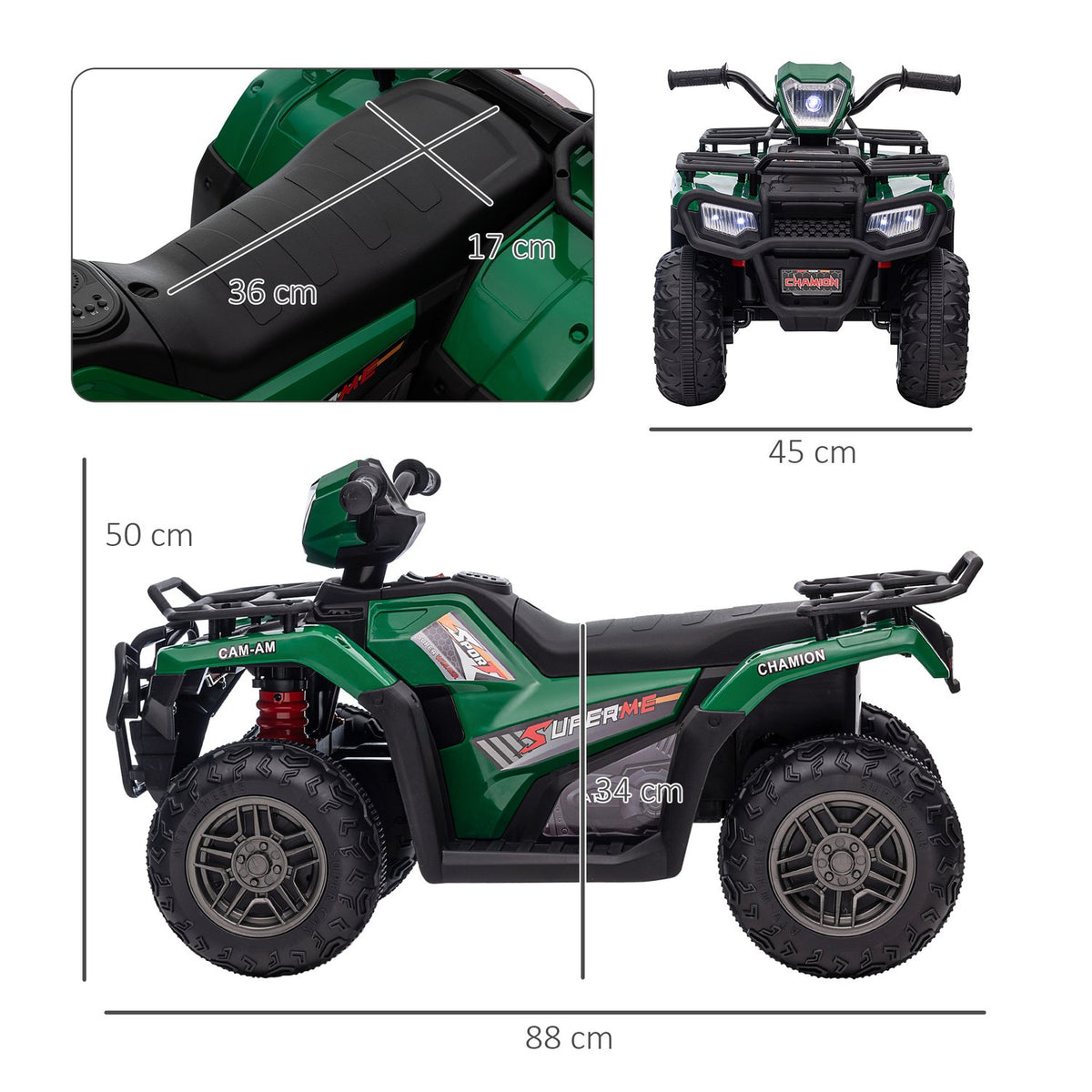 Electric Children'S Quad, Electric Quad With Led And Music, For Children Aged 3 And Over, Children'S Motorcycle, Black + Green, 88 X 45 X 50 Cm