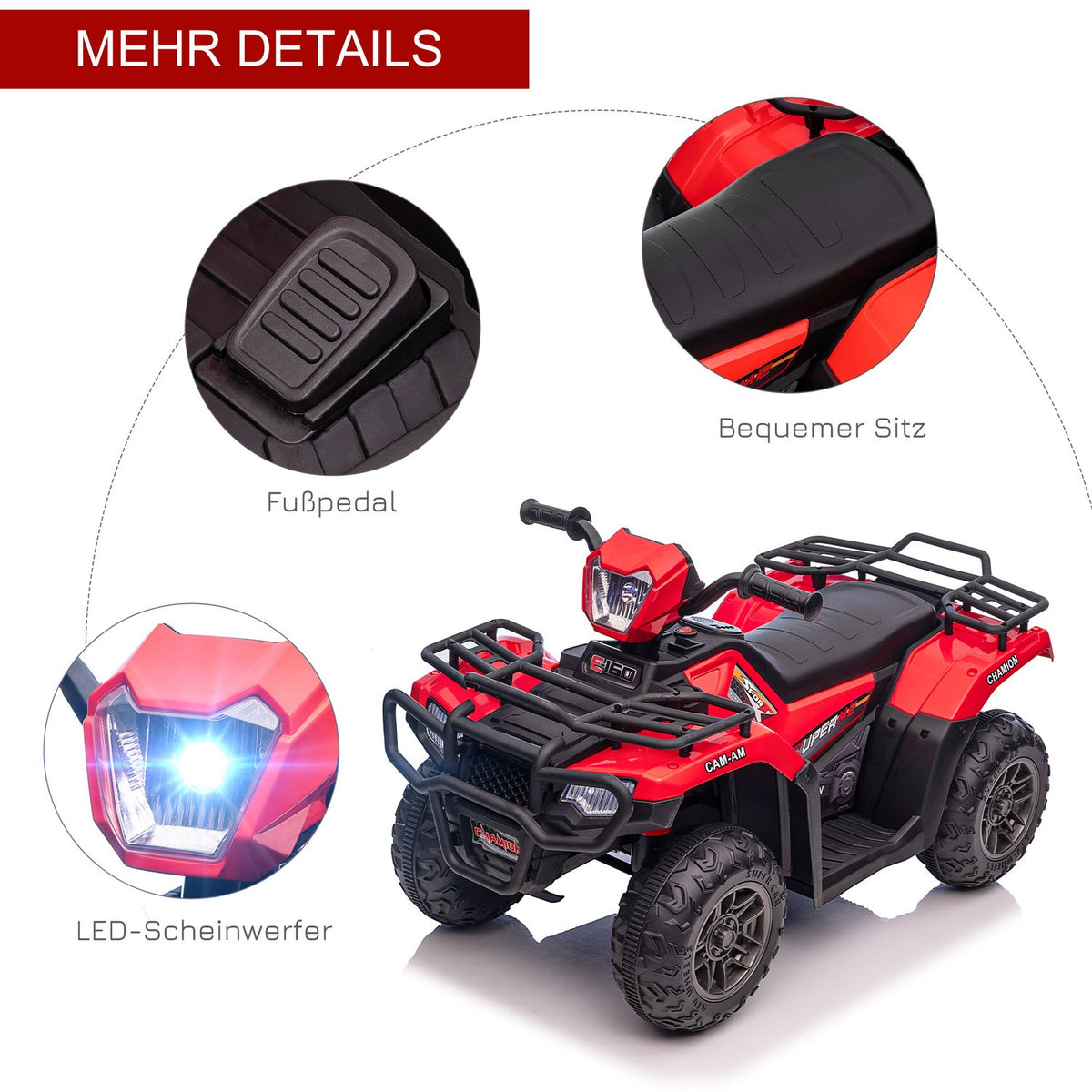 Electric Children'S Quad With Led And Music, Electric Car, Children'S Vehicle For Children Aged 3 And Over, Children'S Motorcycle, Black + Red, 88 X 45 X 50 Cm