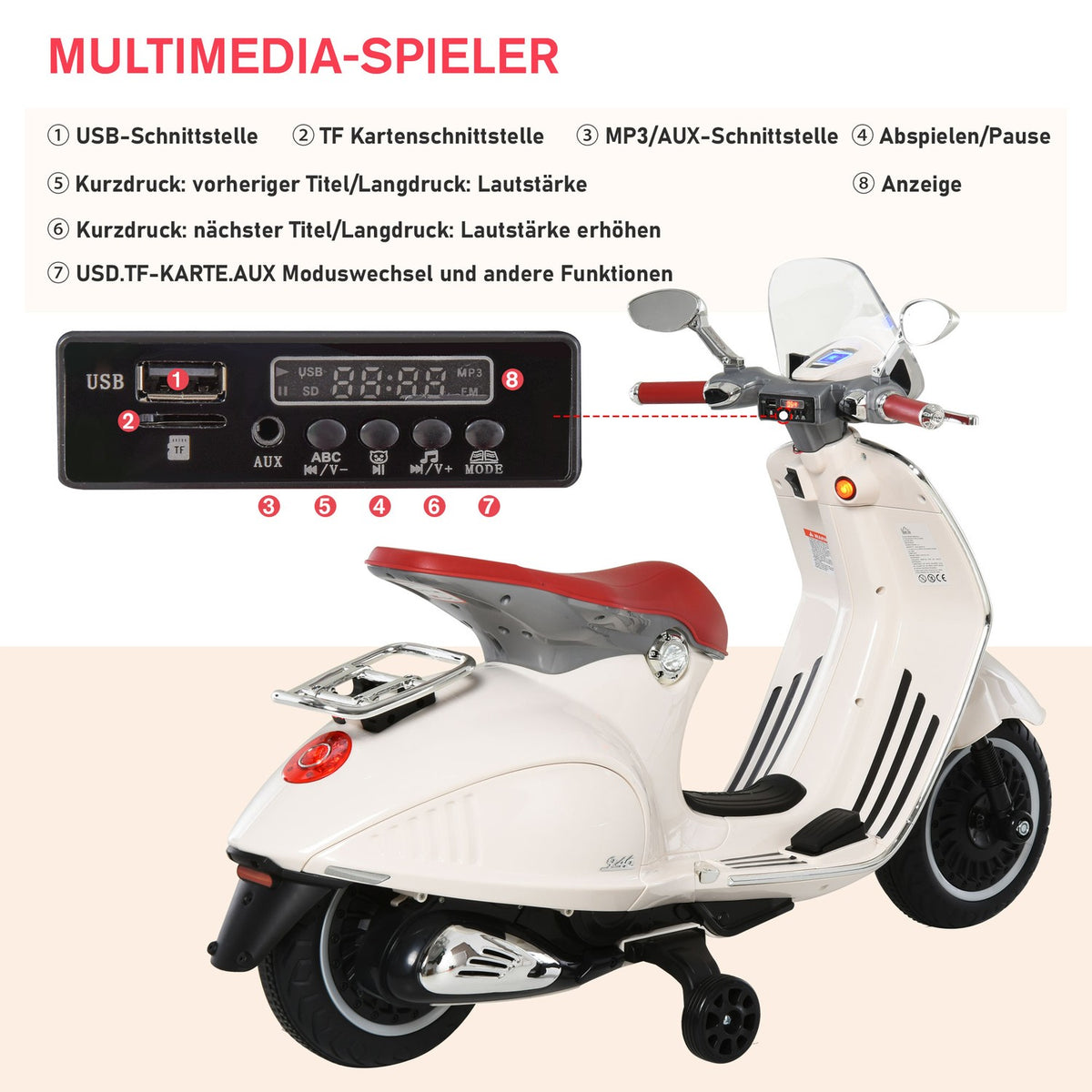 Electric Children'S Vehicle Motorcycle Mp3 Music Lighting 3-6 Years Pp White 108X49X75Cm