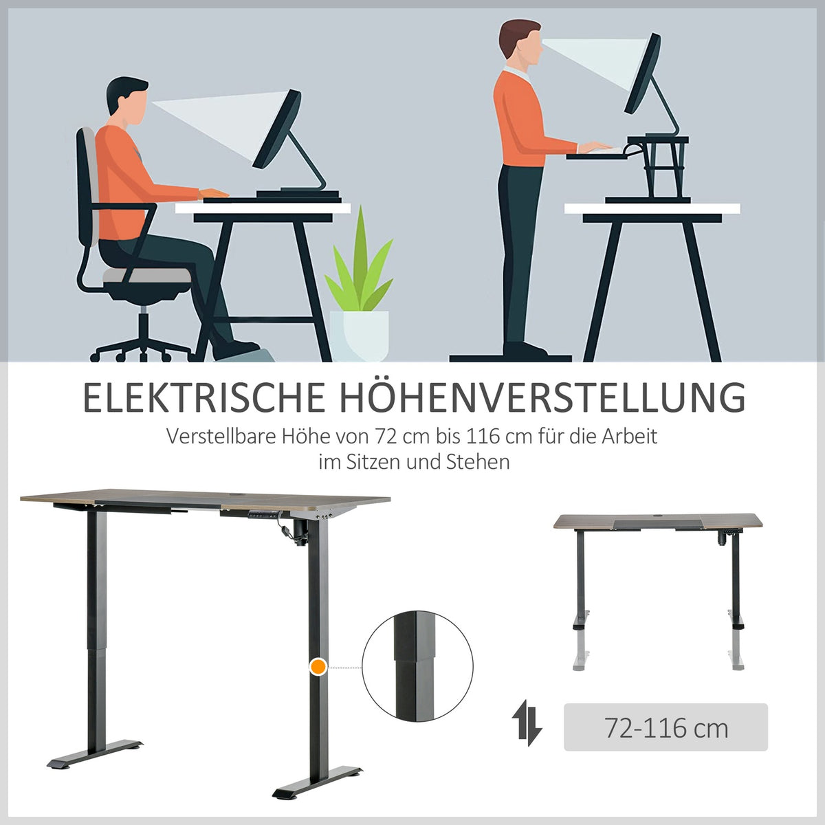 Electric Desk Table Frame With Motor, Computer Desk, Height Adjustable, Standing Desk, Natural + Black, 140X70X72-116Cm