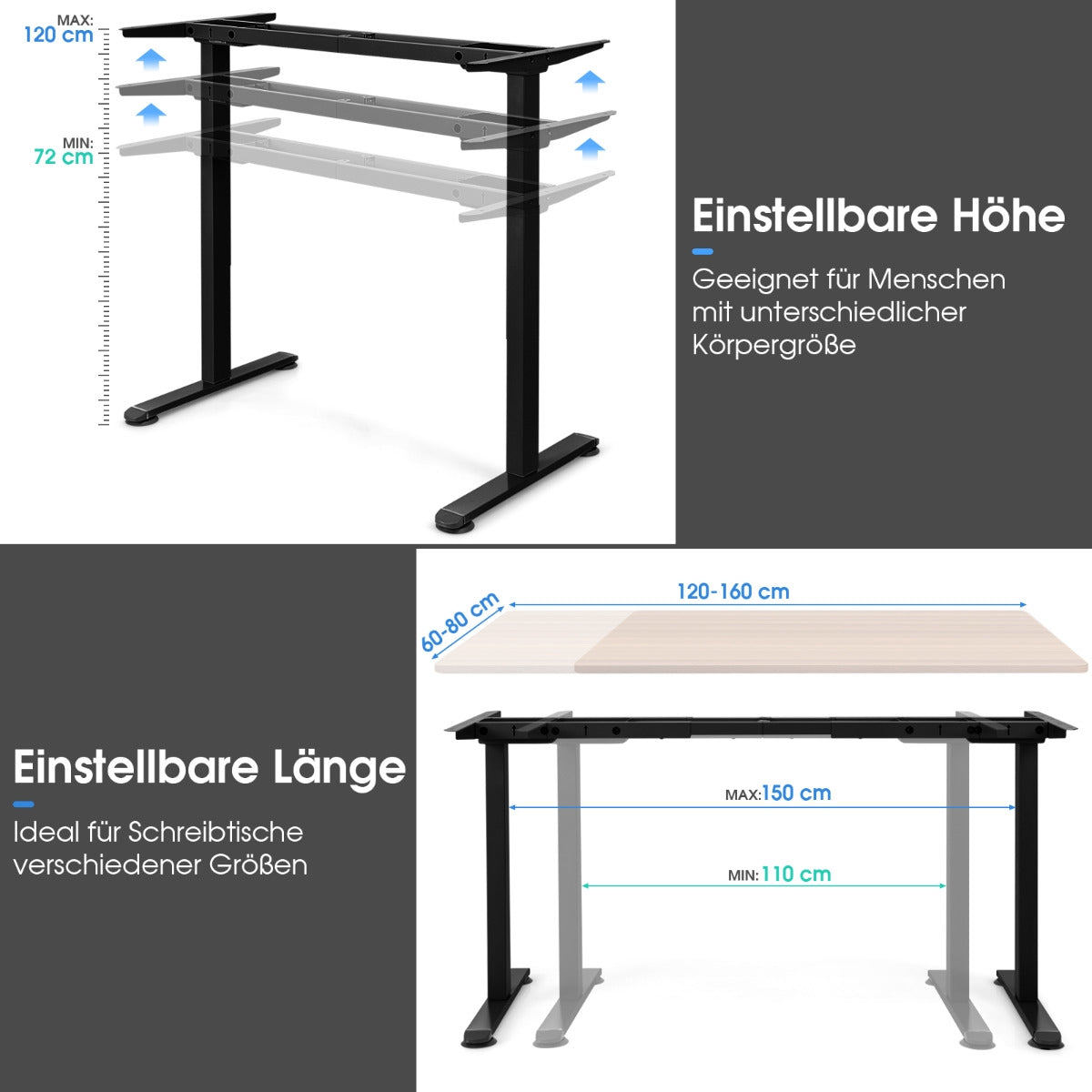 Electric Dual-Motor Adjustable Desk Frame, Black, 109-151x70-120 cm