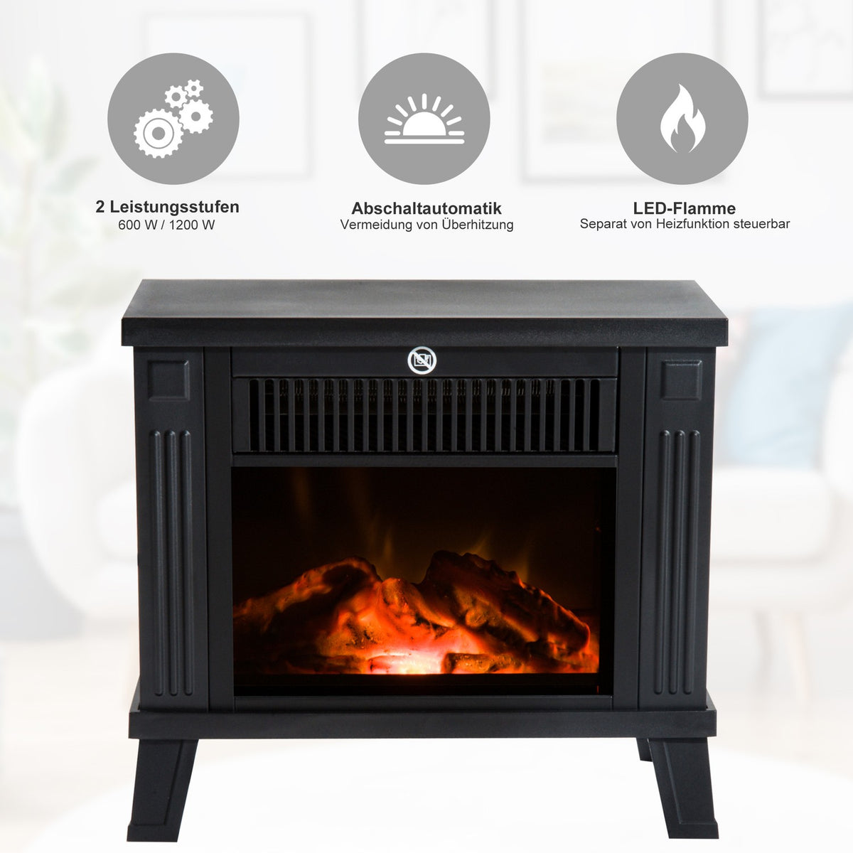 Electric Fireplace Electric Fireplace Stove Standing Fireplace With Flame Effect 600/1200W, Metal, Black, 34X17X31 Cm
