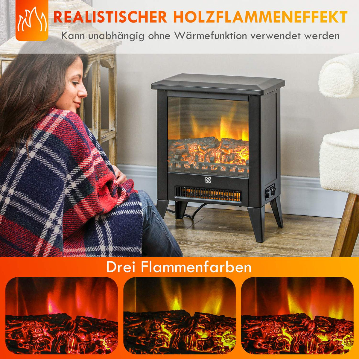 Electric Fireplace Electric Fireplace with Heater, LED Flame Effect, 1800W Freestanding Fireplace with Low Noise, Overheat Protection for Living Room, Bedroom, Black
